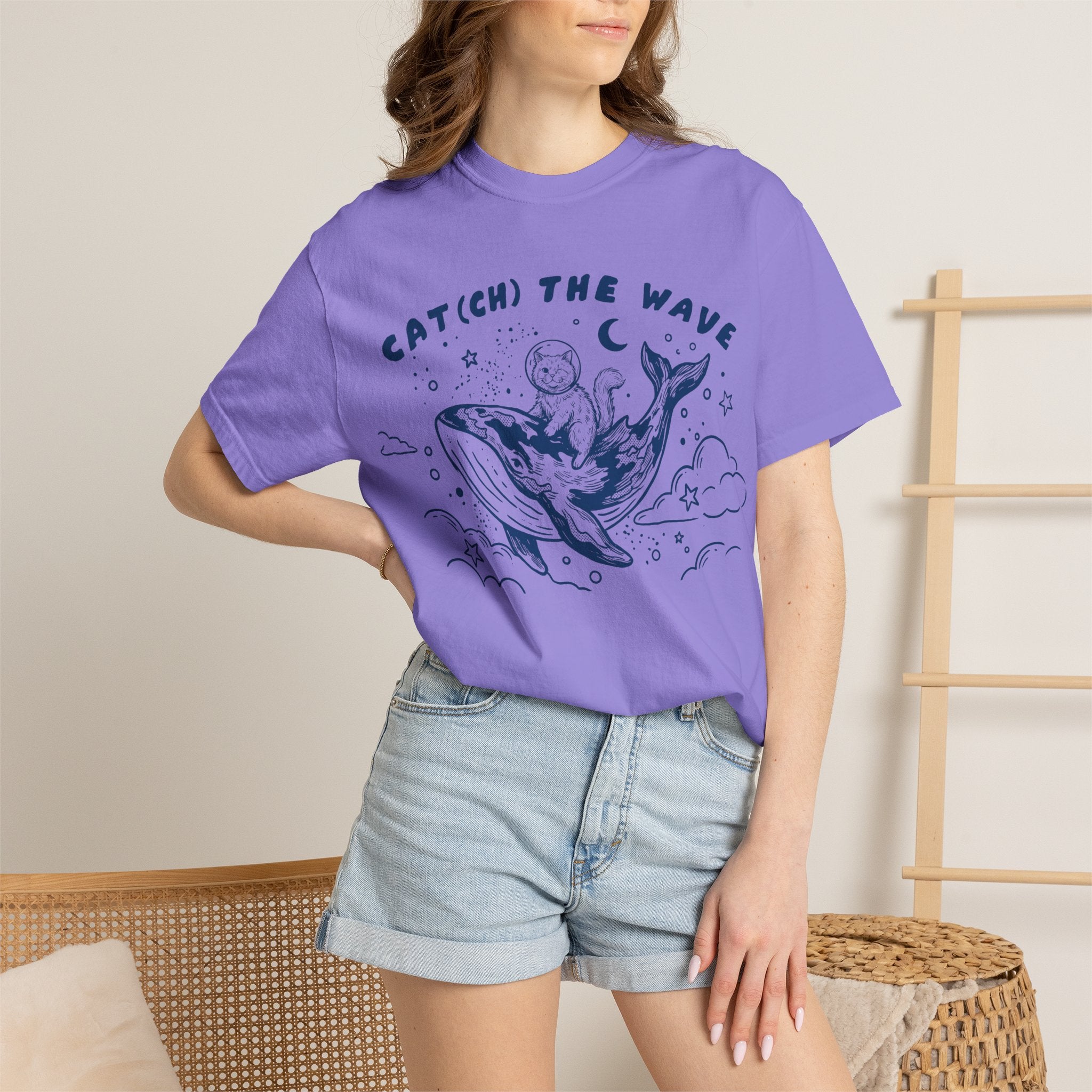 Cat Riding Whale T-Shirt - Cute Ocean Cat Graphic Tee, Fantasy Wave Shirt for Cat Lovers