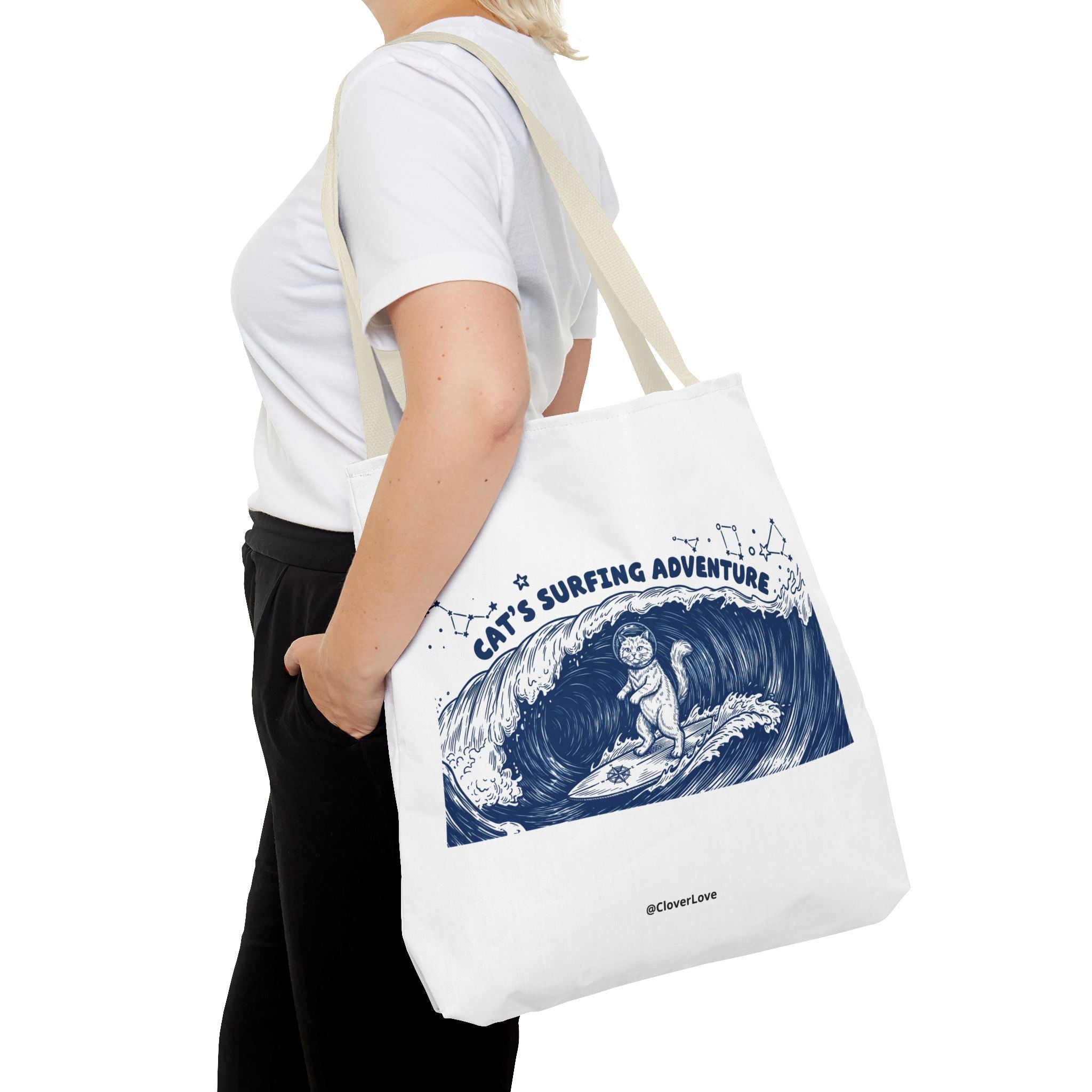 Cat's Surfing Adventure Tote Bag | Vintage Ocean Graphic Canvas Bag