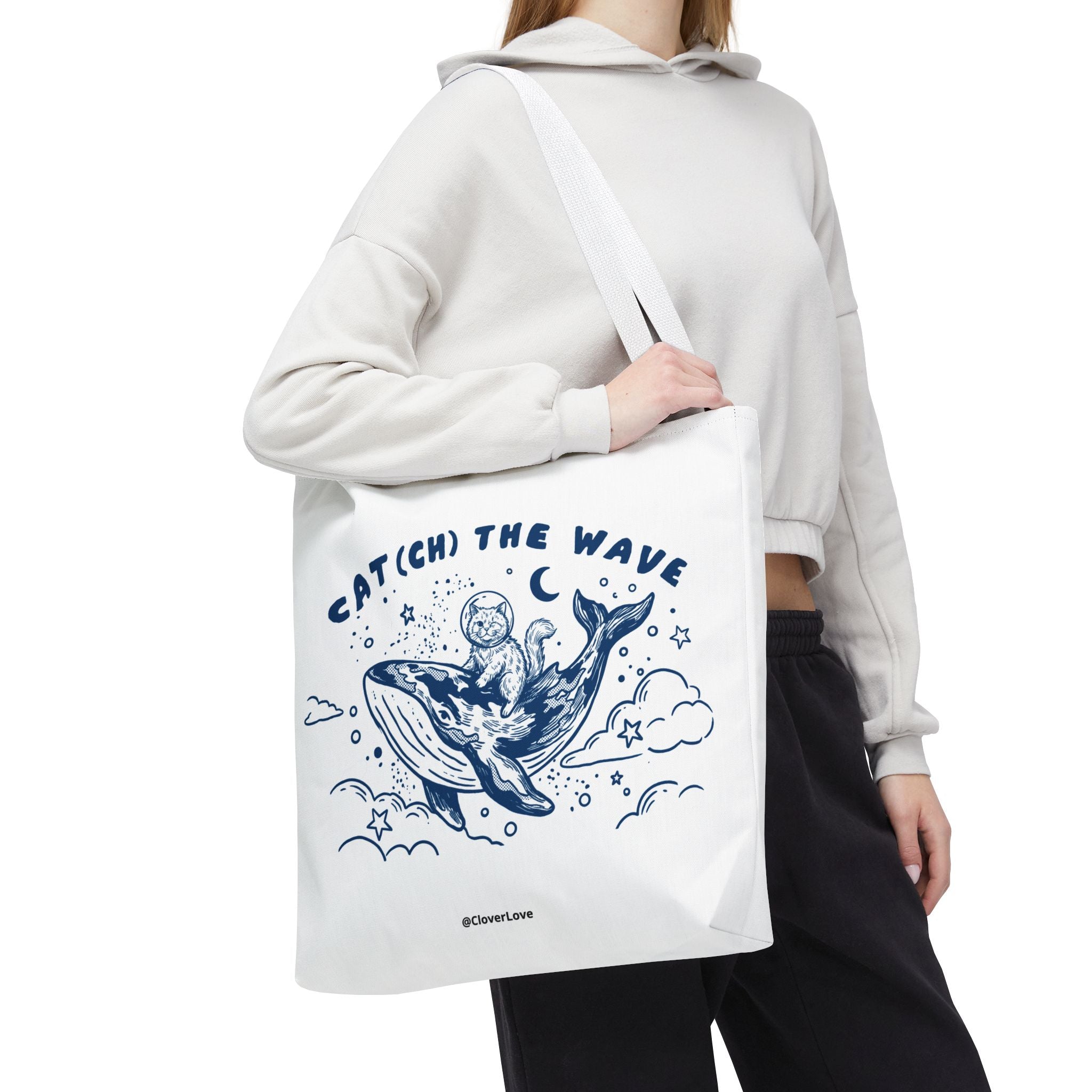 Cat Whale Adventure Tote Bag | Vintage Ocean Graphic Canvas Bag