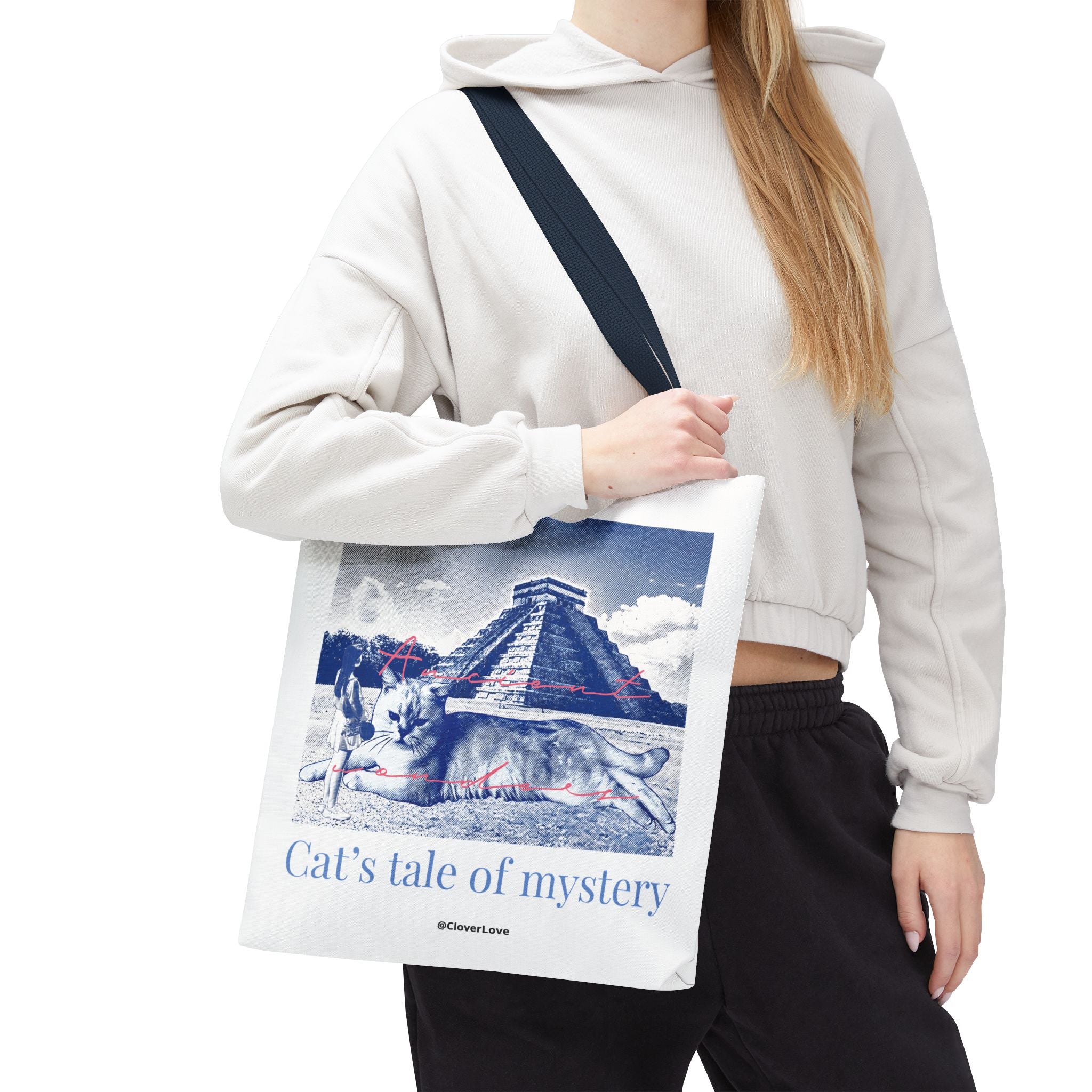 Cat’s Tale of Mystery Travel Tote Bag | Vintage Mexico Pyramid Cat Canvas Tote Bag