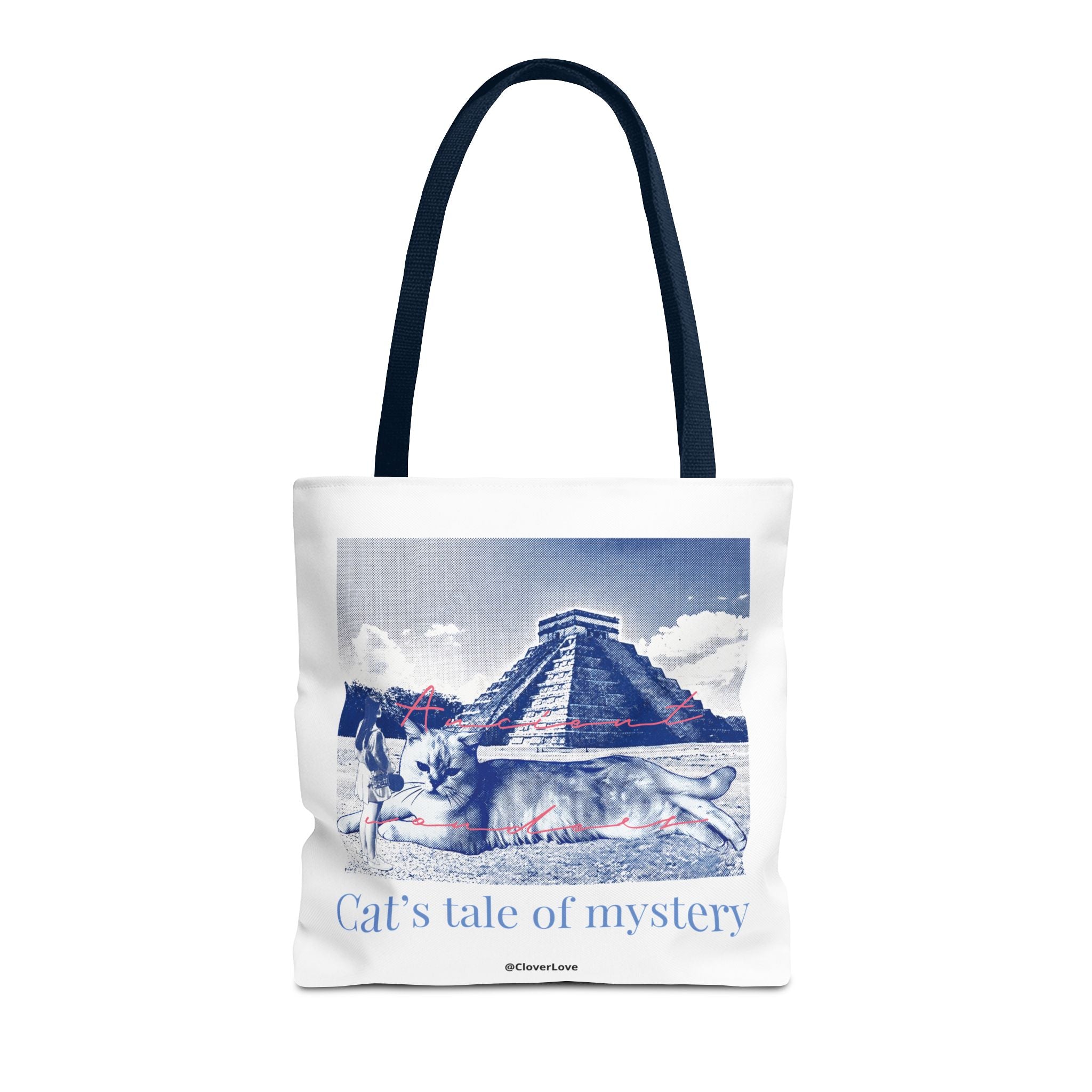 Cat’s Tale of Mystery Travel Tote Bag | Vintage Mexico Pyramid Cat Canvas Tote Bag