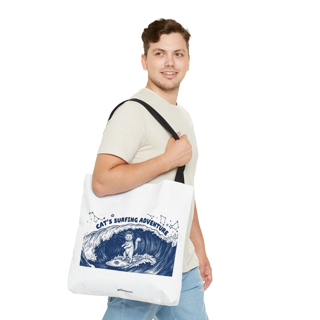 Cat's Surfing Adventure Tote Bag | Vintage Ocean Graphic Canvas Bag