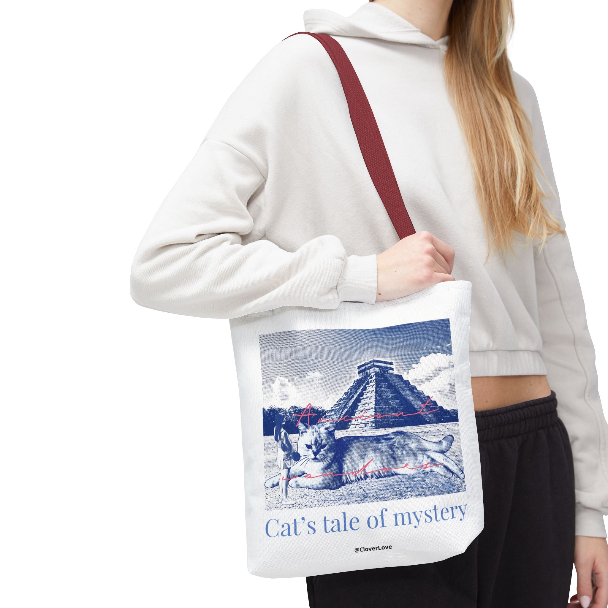 Cat’s Tale of Mystery Travel Tote Bag | Vintage Mexico Pyramid Cat Canvas Tote Bag