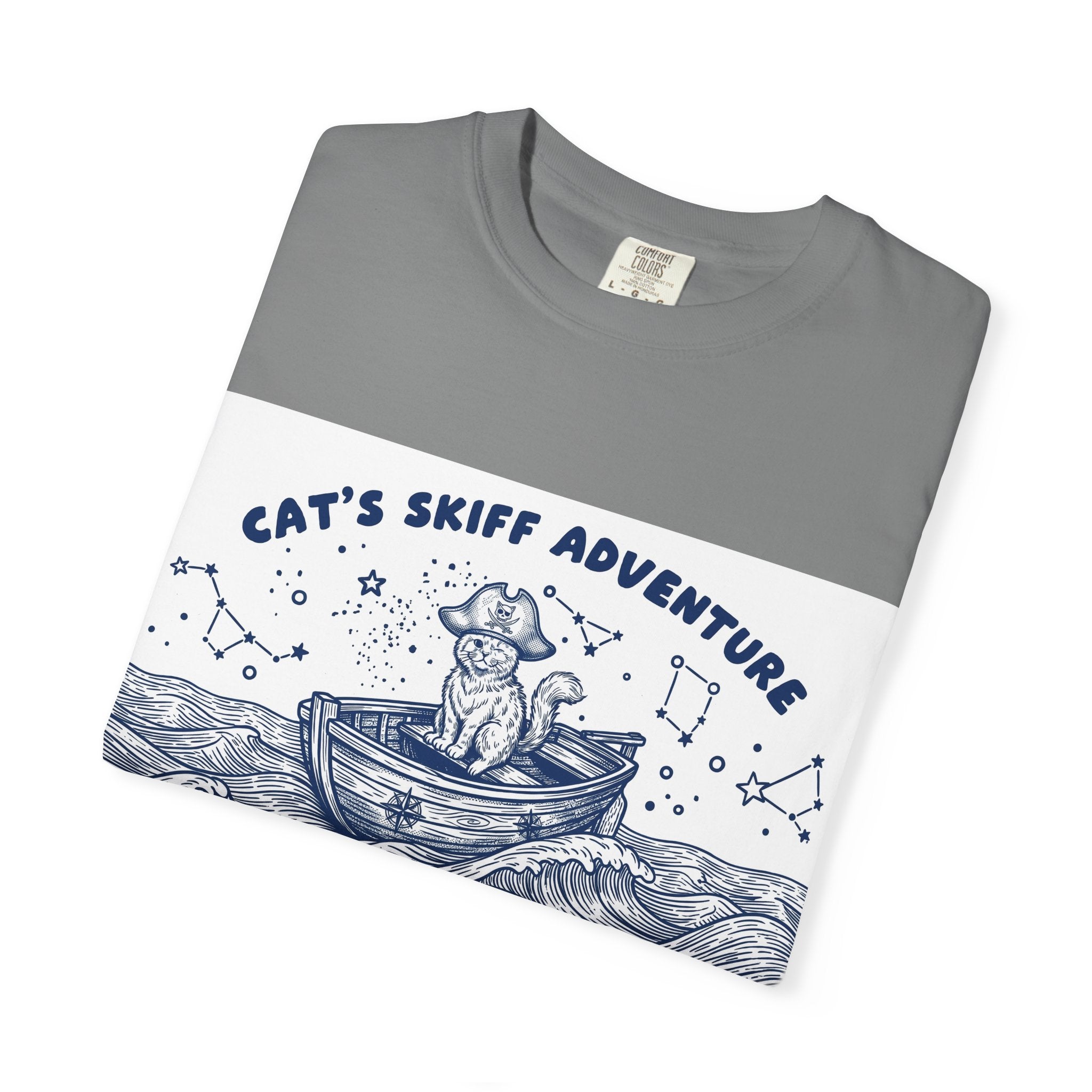Cat’s Skiff Adventure T-Shirt - Vintage Ocean Boat Graphic Tee for Cat Lovers