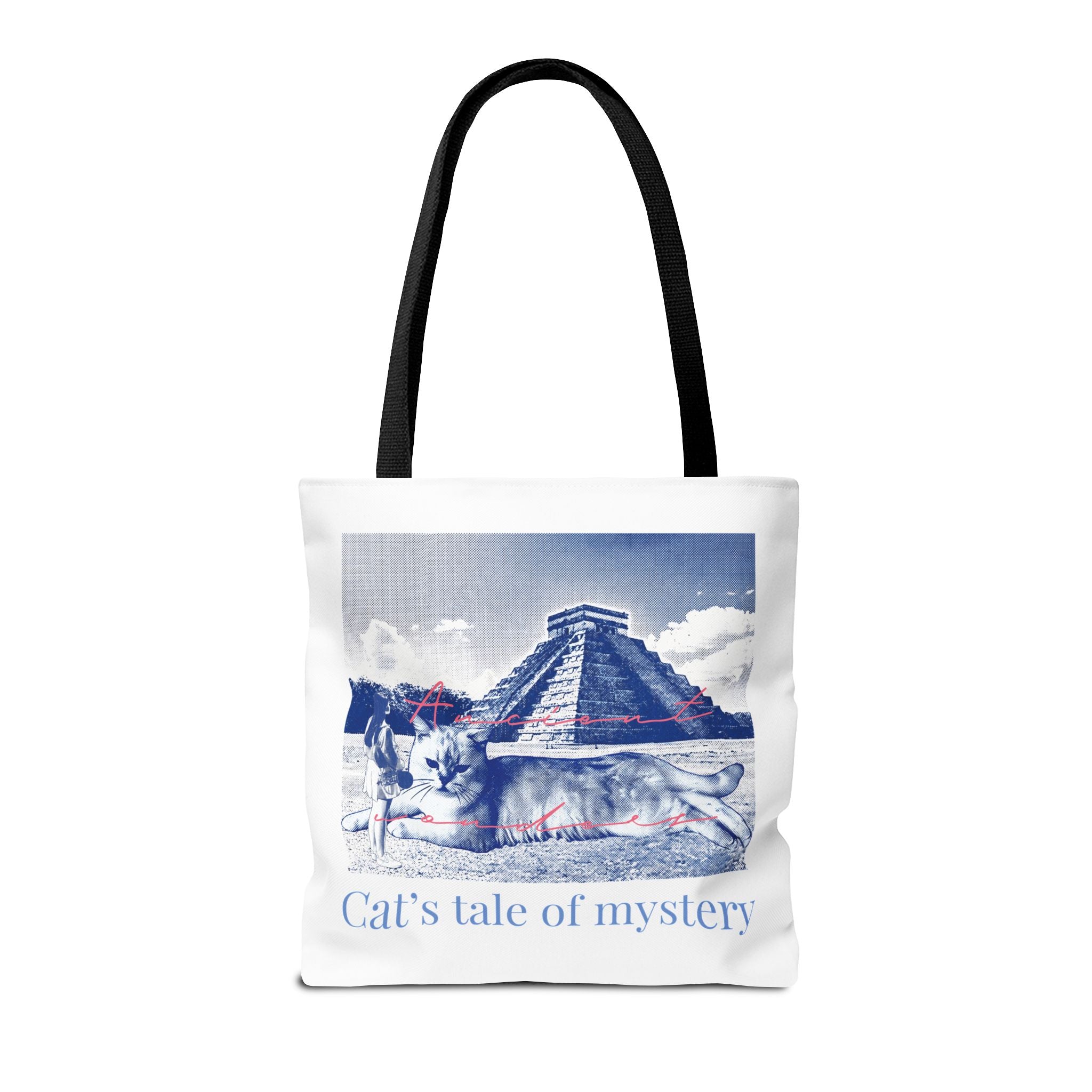Cat’s Tale of Mystery Travel Tote Bag | Vintage Mexico Pyramid Cat Canvas Tote Bag