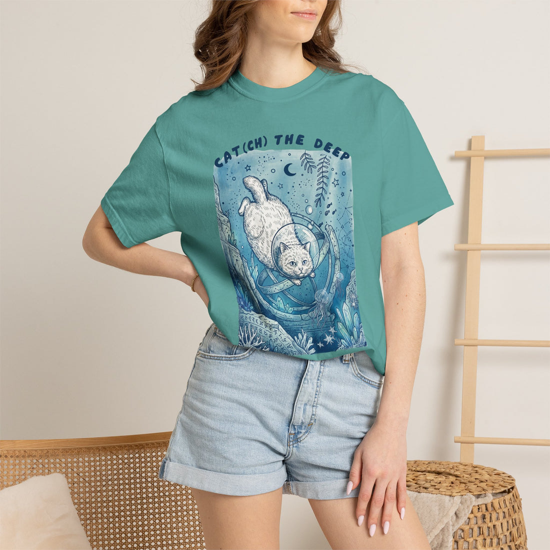 Cat Diver T-Shirt - Deep Sea Cat Explorer Graphic Tee, Ocean Fantasy Shirt for Cat Lovers