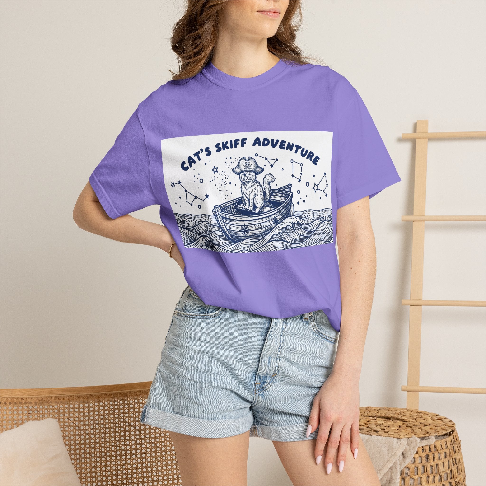 Cat’s Skiff Adventure T-Shirt - Vintage Ocean Boat Graphic Tee for Cat Lovers