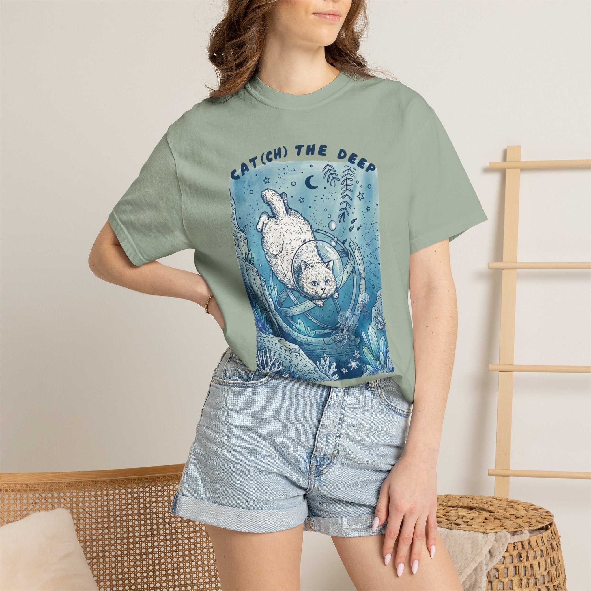 Cat Diver T-Shirt - Deep Sea Cat Explorer Graphic Tee, Ocean Fantasy Shirt for Cat Lovers