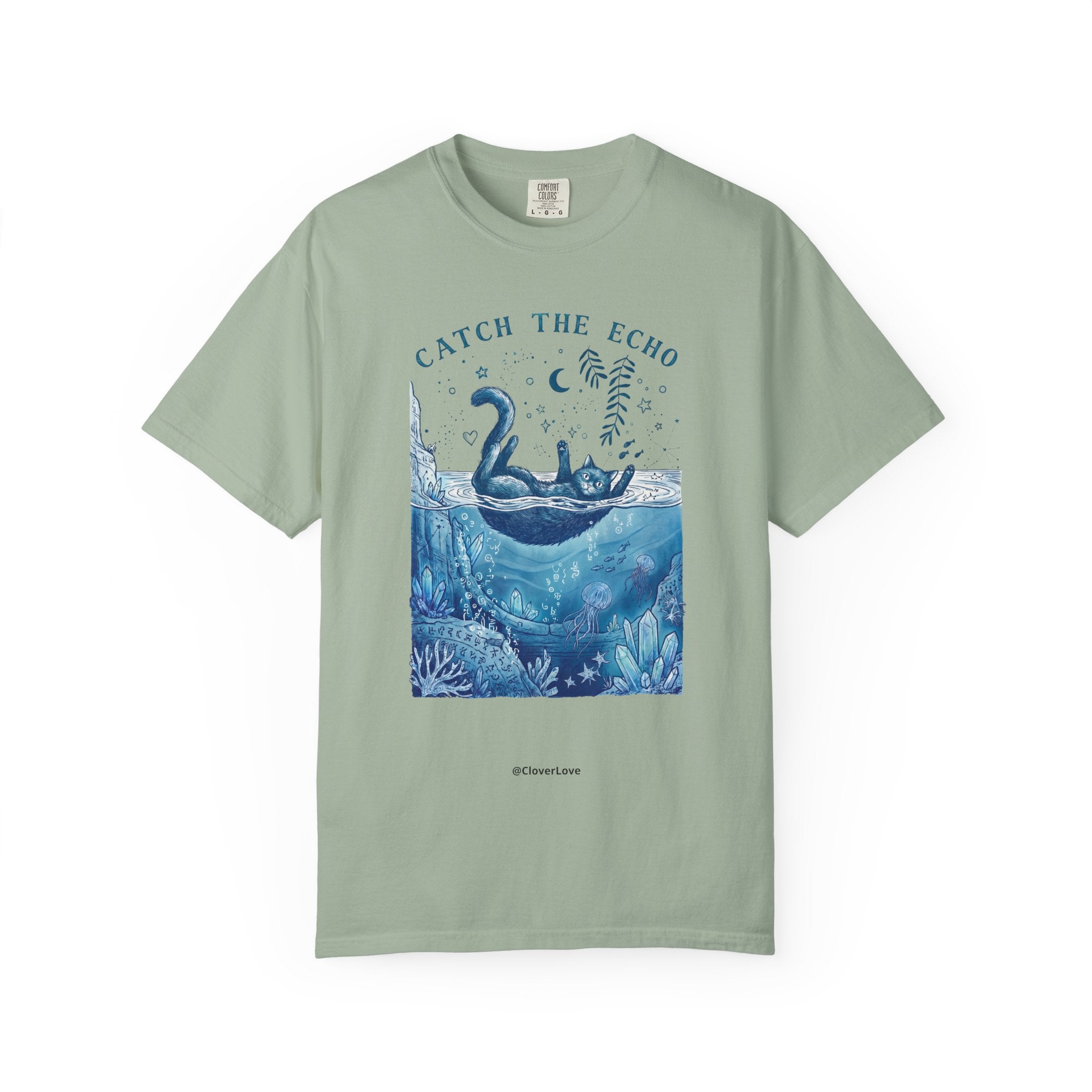 Cat in Ocean Fantasy T-Shirt - Vintage Blue Animal Shirt for Cat Lovers