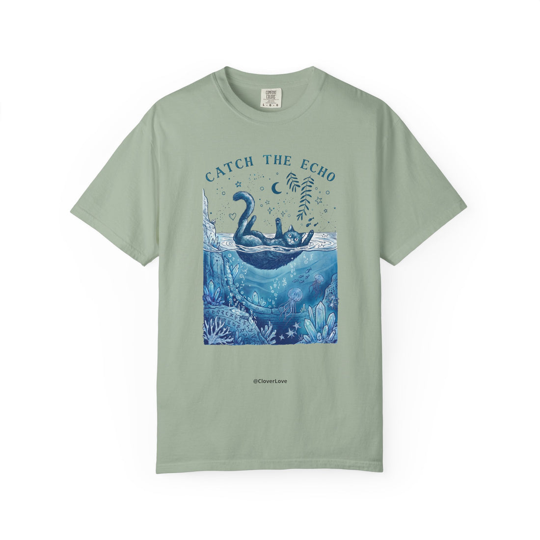 Cat in Ocean Fantasy T-Shirt - Vintage Blue Animal Shirt for Cat Lovers