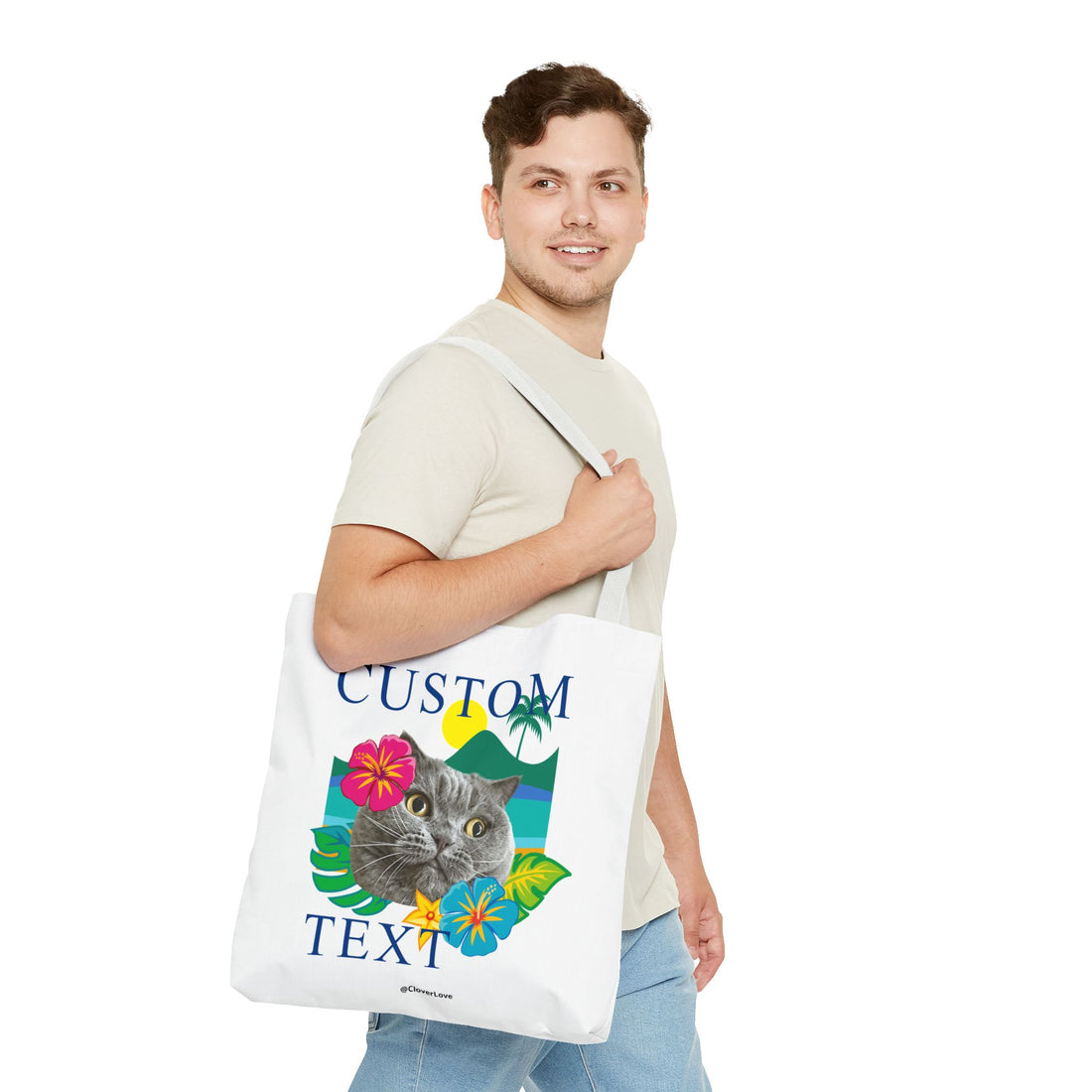 Tropical Cat Tote Bag | Personalized Pet Photo Canvas Bag