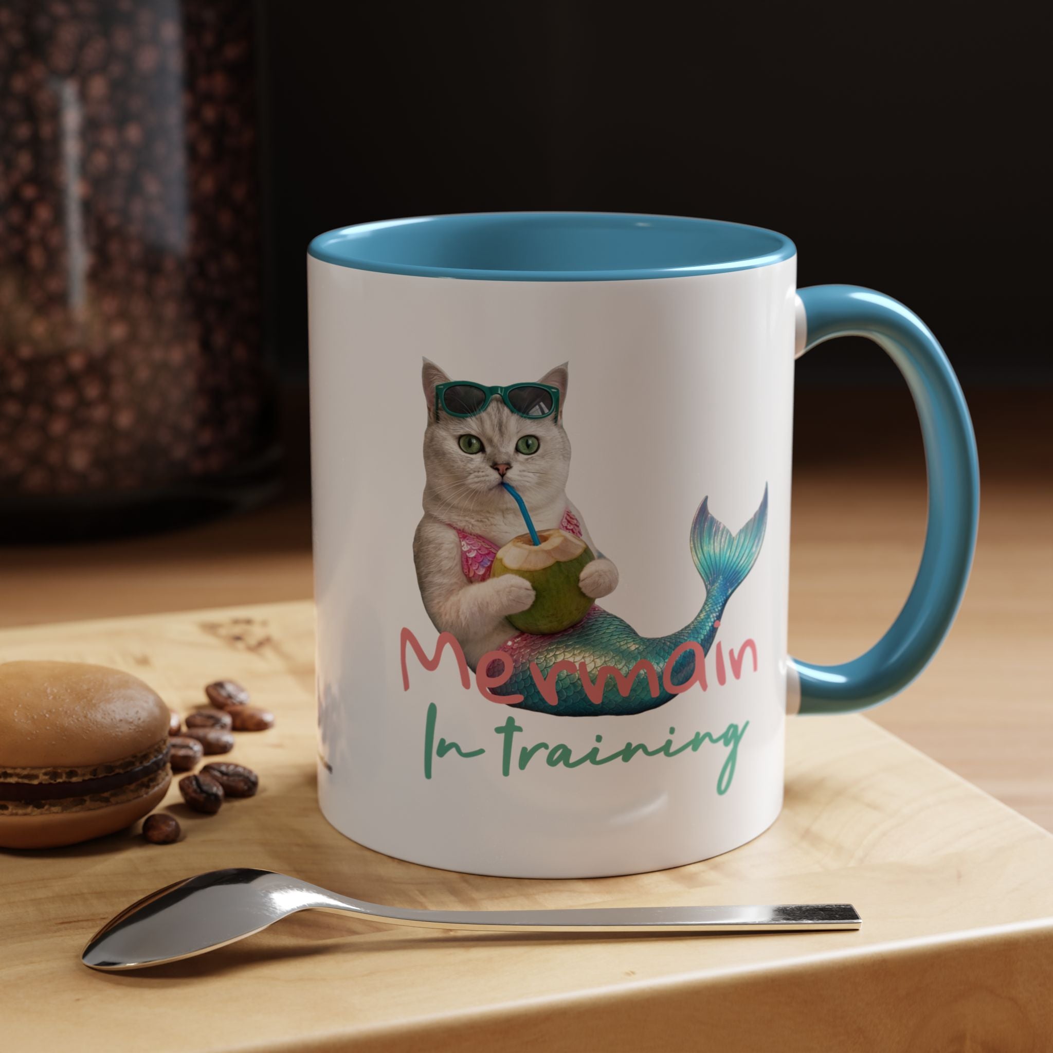 Meerjungfrauenkatze Sommer Tasse | Personalisierte Katzenkaffeetasse mit individuellem Text