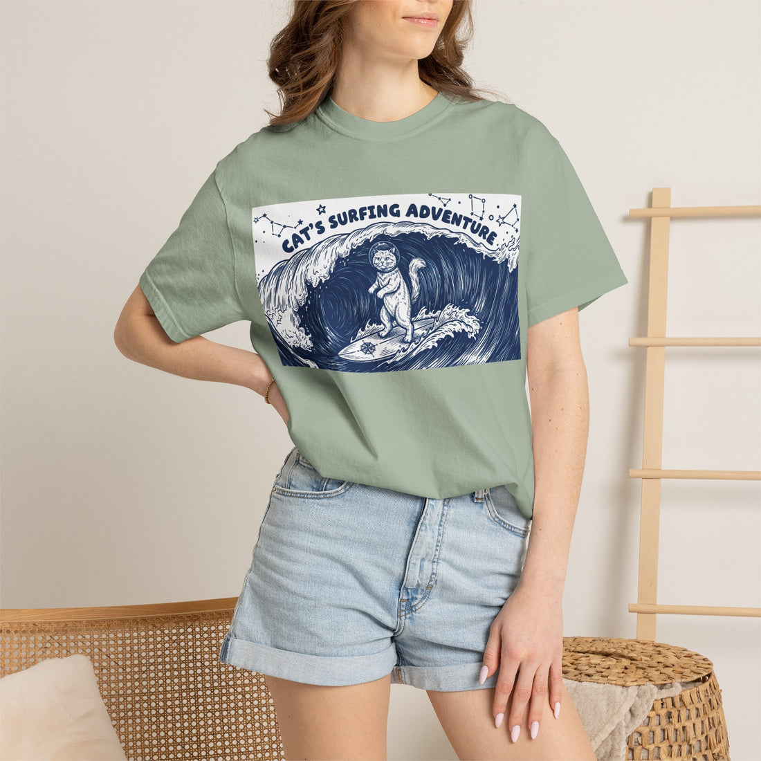 Cat’s Ocean Adventure T-Shirt - Vintage Ocean Wave Graphic Tee for Cat Lovers