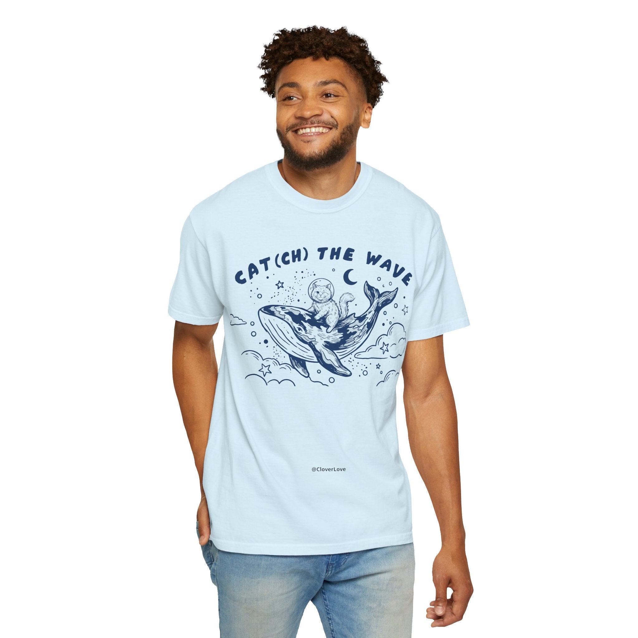 Cat Riding Whale T-Shirt - Cute Ocean Cat Graphic Tee, Fantasy Wave Shirt for Cat Lovers