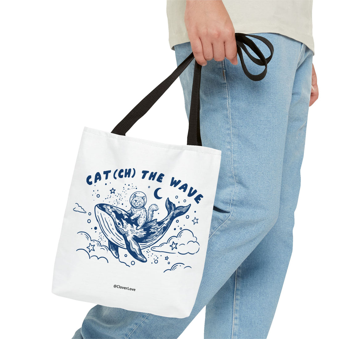 Cat Whale Adventure Tote Bag | Vintage Ocean Graphic Canvas Bag
