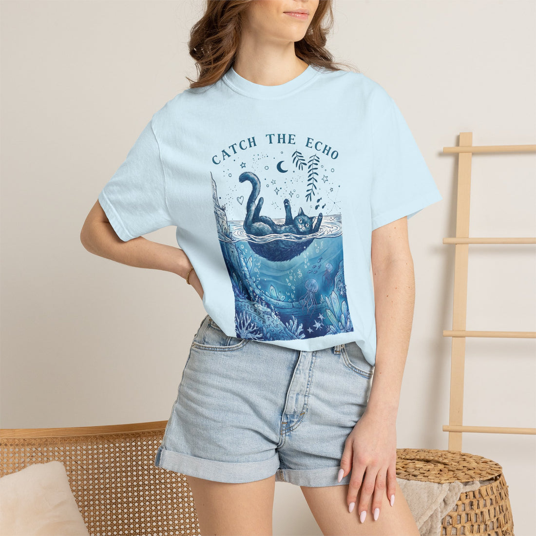Cat in Ocean Fantasy T-Shirt - Vintage Blue Animal Shirt for Cat Lovers