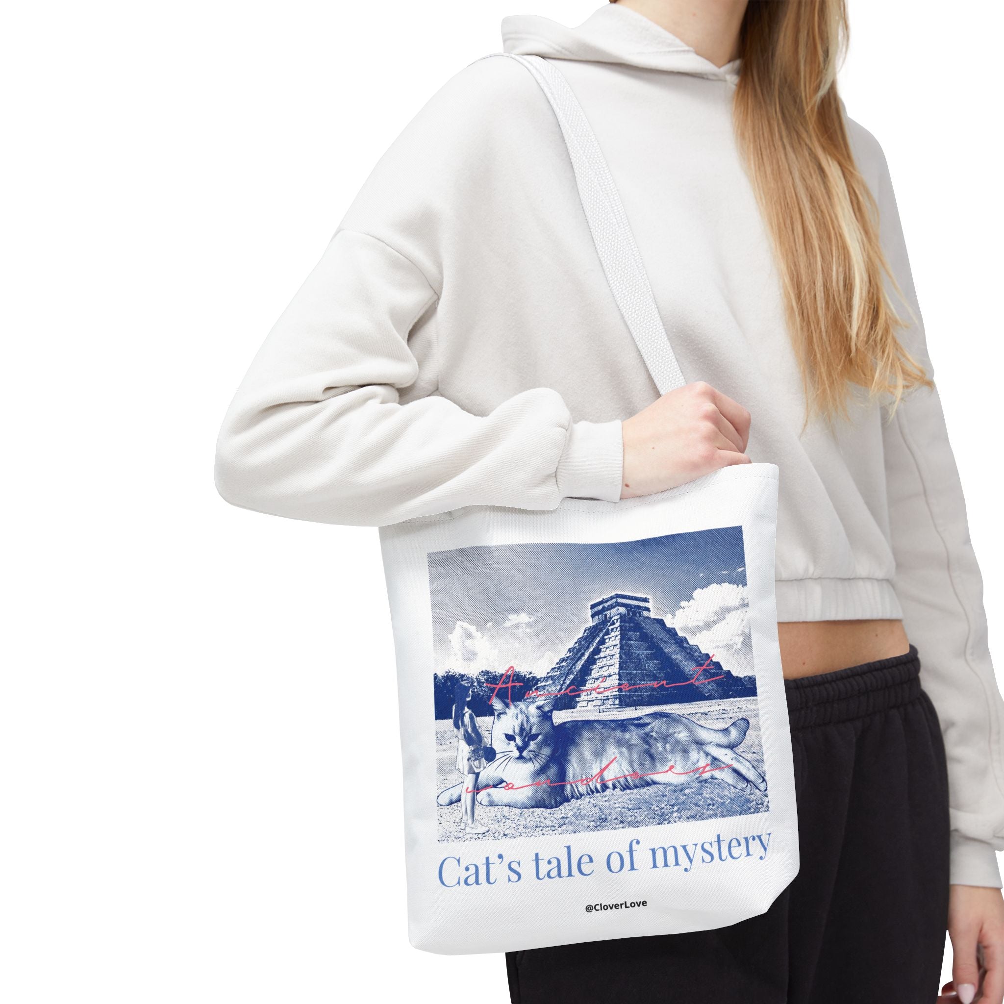 Cat’s Tale of Mystery Travel Tote Bag | Vintage Mexico Pyramid Cat Canvas Tote Bag