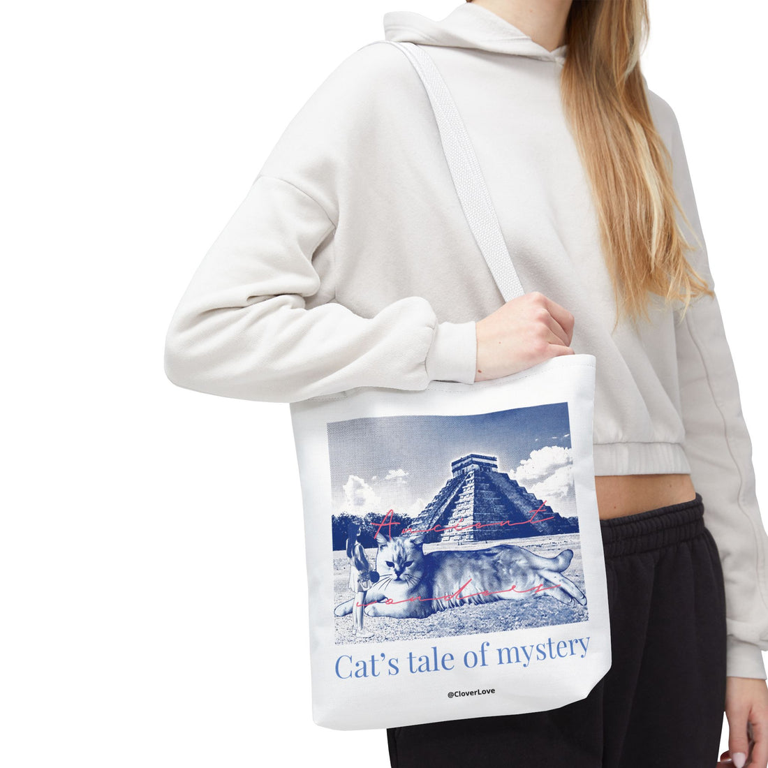 Cat’s Tale of Mystery Travel Tote Bag | Vintage Mexico Pyramid Cat Canvas Tote Bag