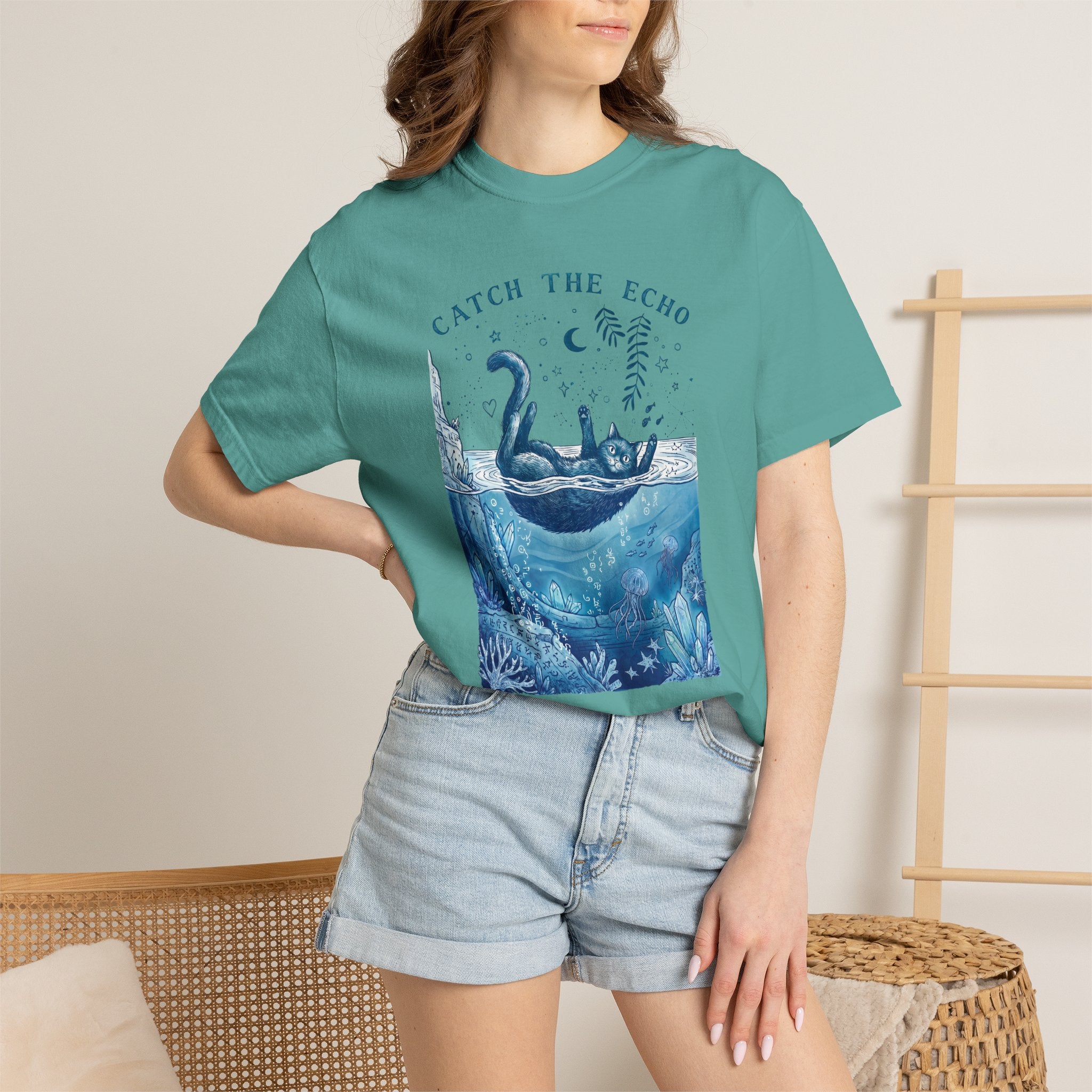Cat in Ocean Fantasy T-Shirt - Vintage Blue Animal Shirt for Cat Lovers