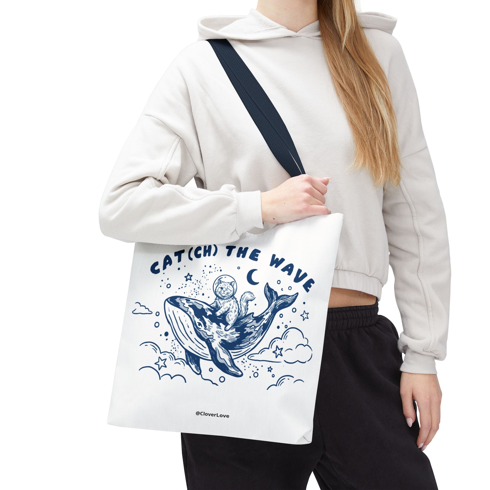 Cat Whale Adventure Tote Bag | Vintage Ocean Graphic Canvas Bag