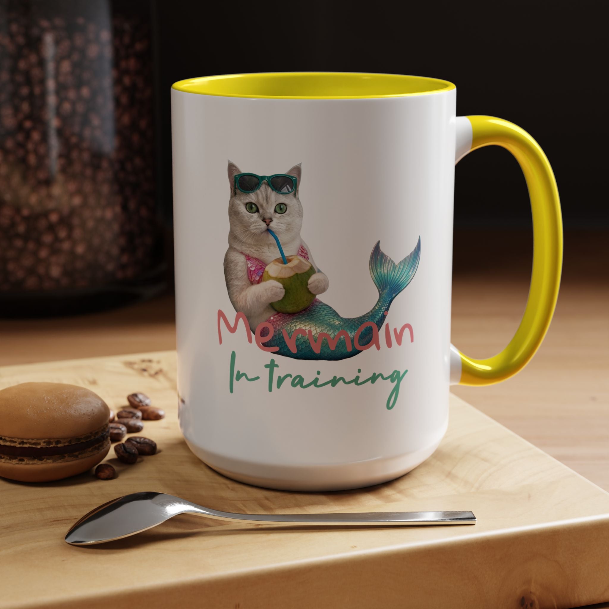 Meerjungfrauenkatze Sommer Tasse | Personalisierte Katzenkaffeetasse mit individuellem Text