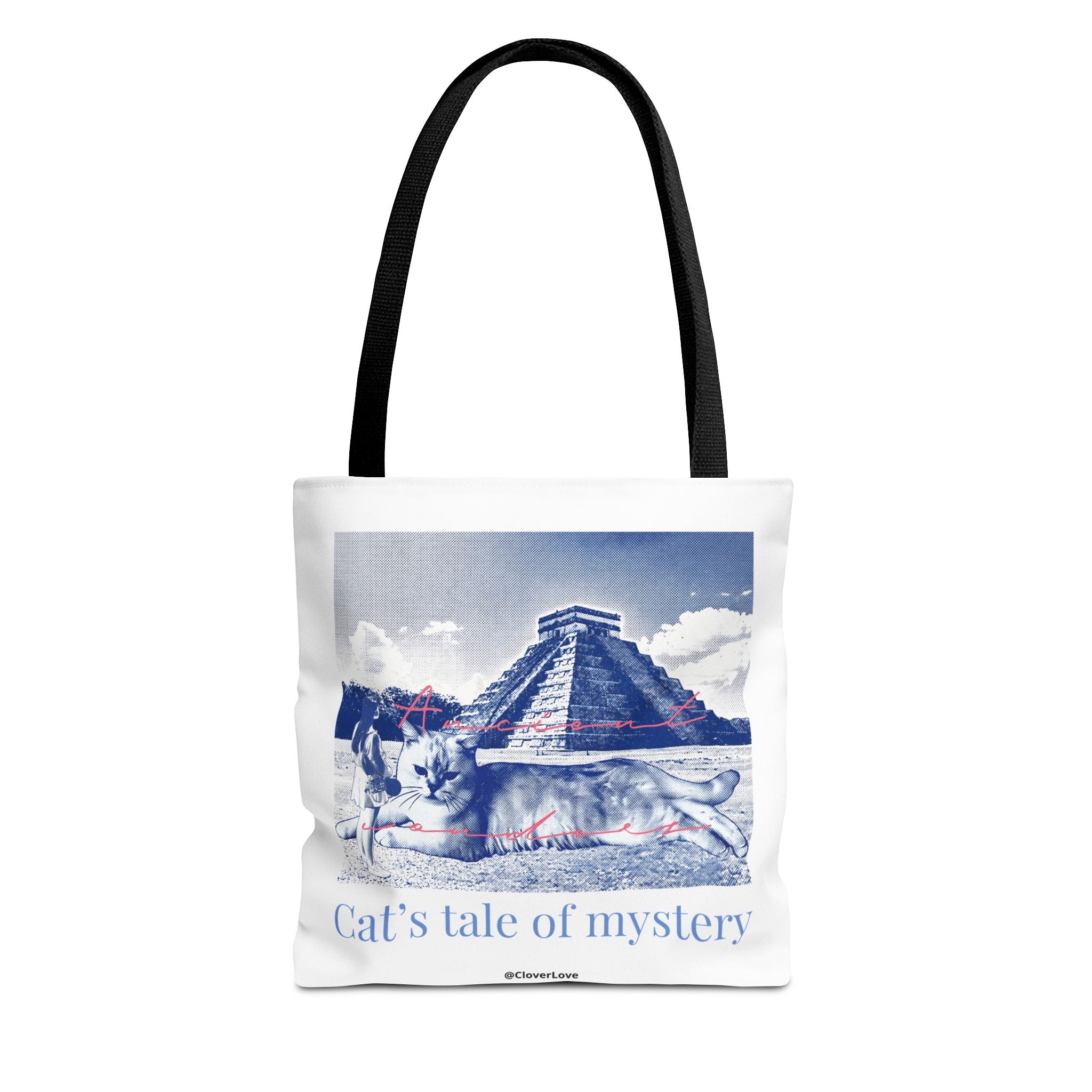 Cat’s Tale of Mystery Travel Tote Bag | Vintage Mexico Pyramid Cat Canvas Tote Bag