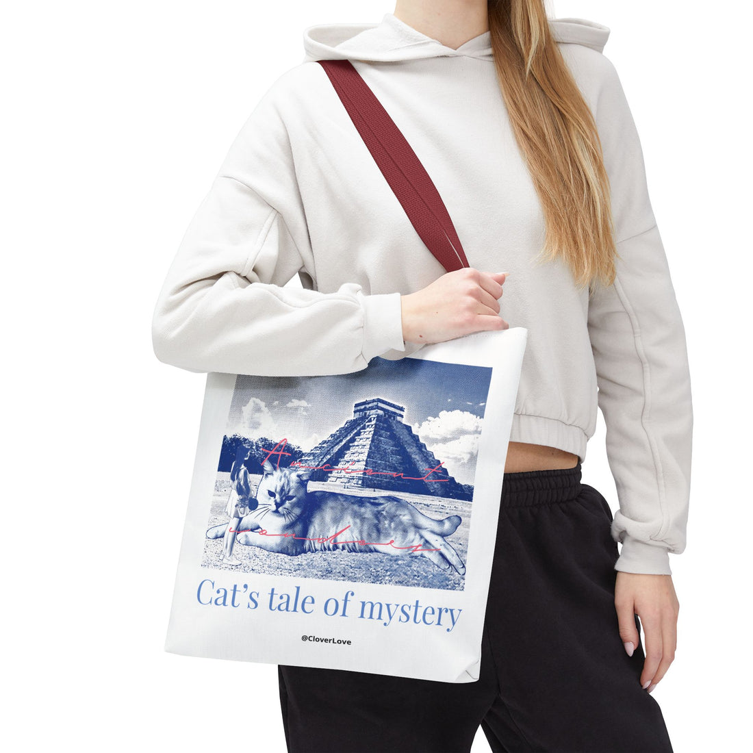 Cat’s Tale of Mystery Travel Tote Bag | Vintage Mexico Pyramid Cat Canvas Tote Bag