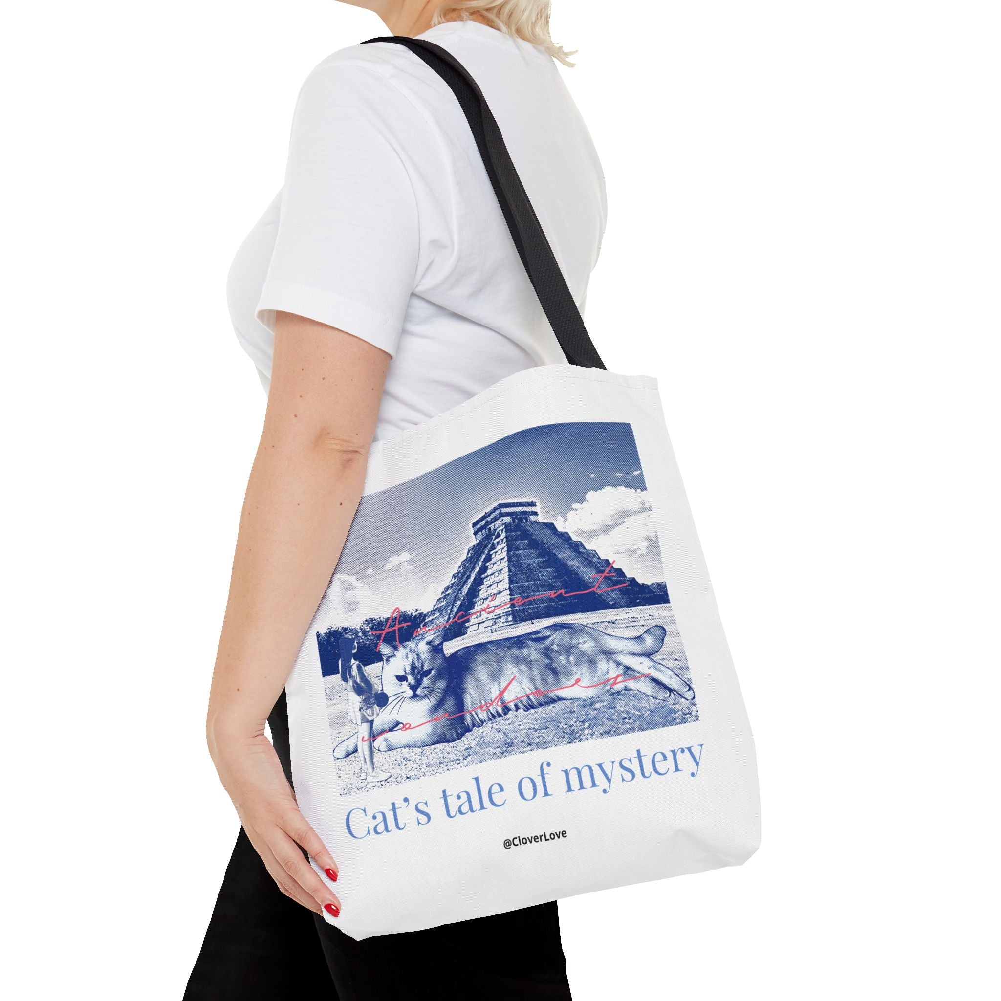 Cat’s Tale of Mystery Travel Tote Bag | Vintage Mexico Pyramid Cat Canvas Tote Bag
