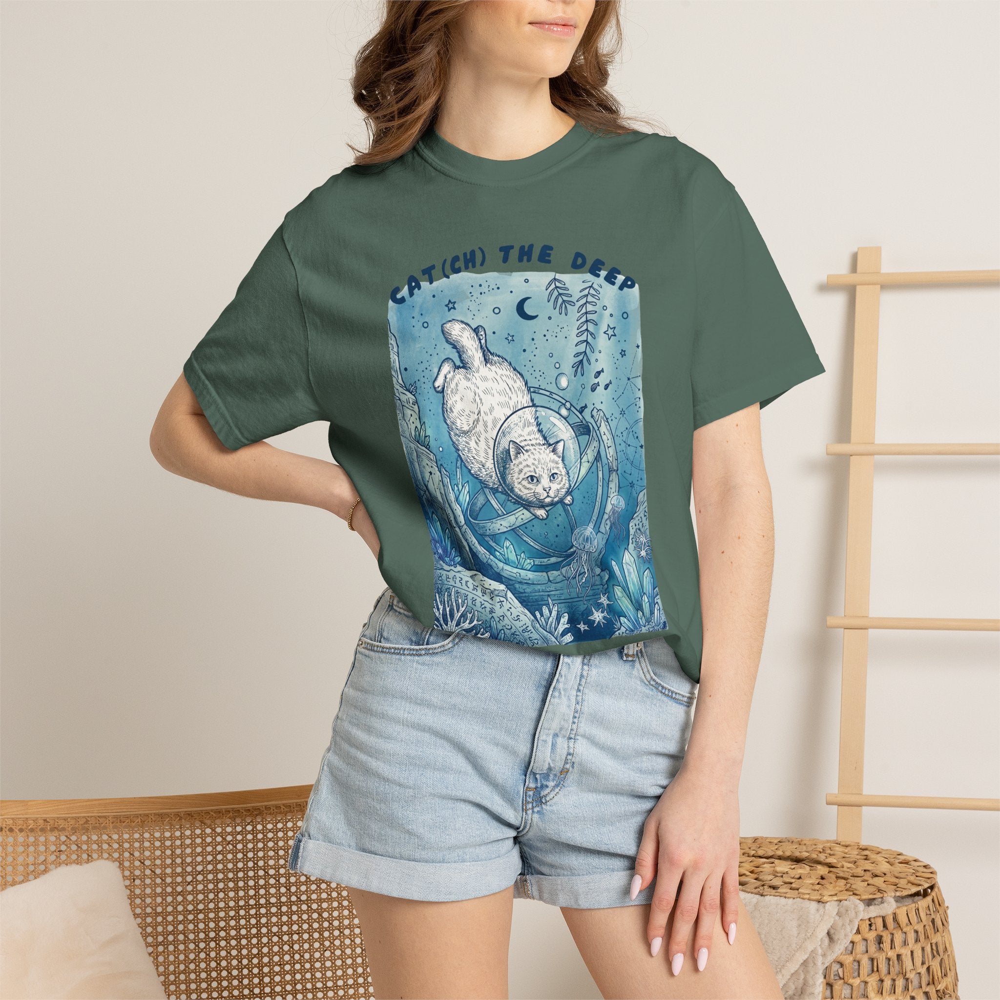 Cat Diver T-Shirt - Deep Sea Cat Explorer Graphic Tee, Ocean Fantasy Shirt for Cat Lovers