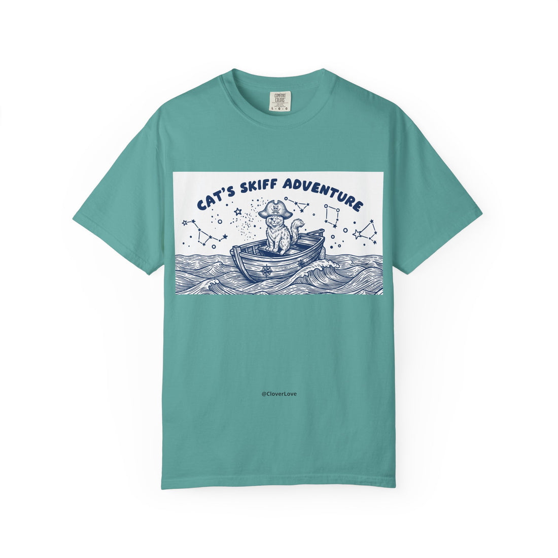 Cat’s Skiff Adventure T-Shirt - Vintage Ocean Boat Graphic Tee for Cat Lovers