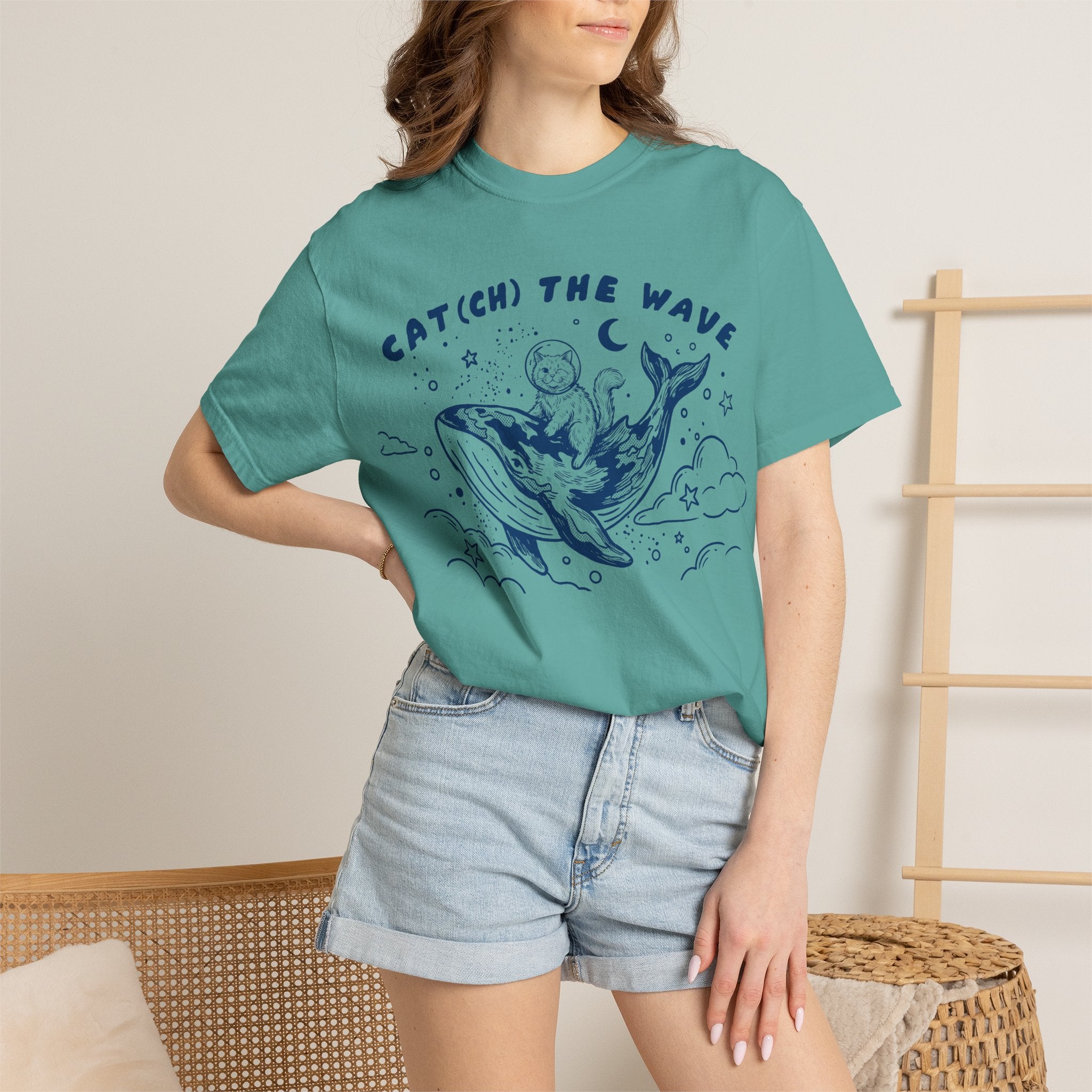 Cat Riding Whale T-Shirt - Cute Ocean Cat Graphic Tee, Fantasy Wave Shirt for Cat Lovers