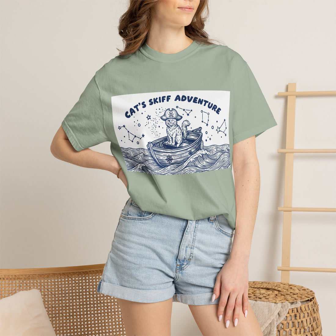Cat’s Skiff Adventure T-Shirt - Vintage Ocean Boat Graphic Tee for Cat Lovers