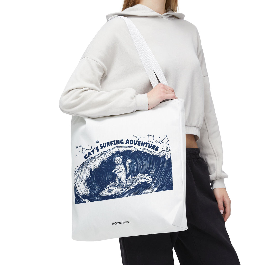 Cat's Surfing Adventure Tote Bag | Vintage Ocean Graphic Canvas Bag