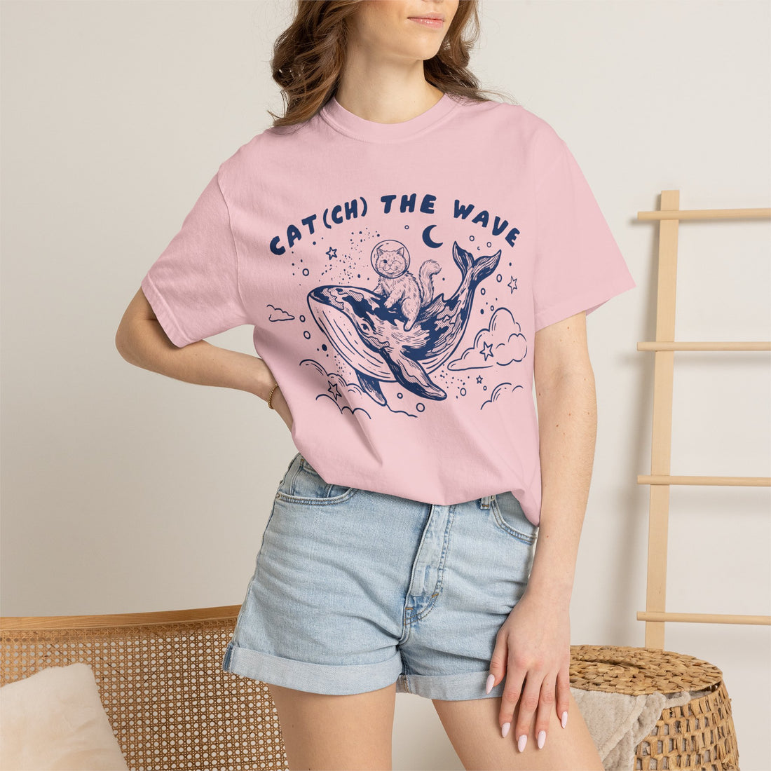 Cat Riding Whale T-Shirt - Cute Ocean Cat Graphic Tee, Fantasy Wave Shirt for Cat Lovers