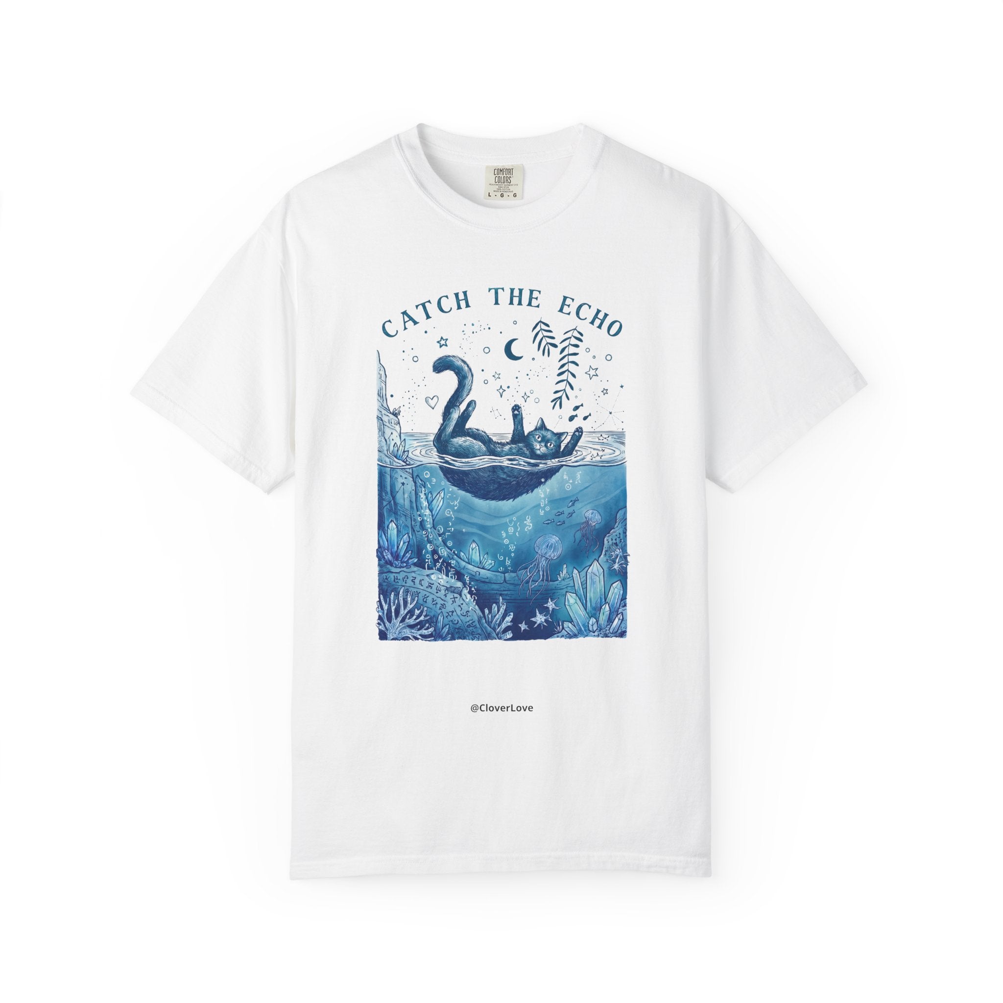 Cat in Ocean Fantasy T-Shirt - Vintage Blue Animal Shirt for Cat Lovers