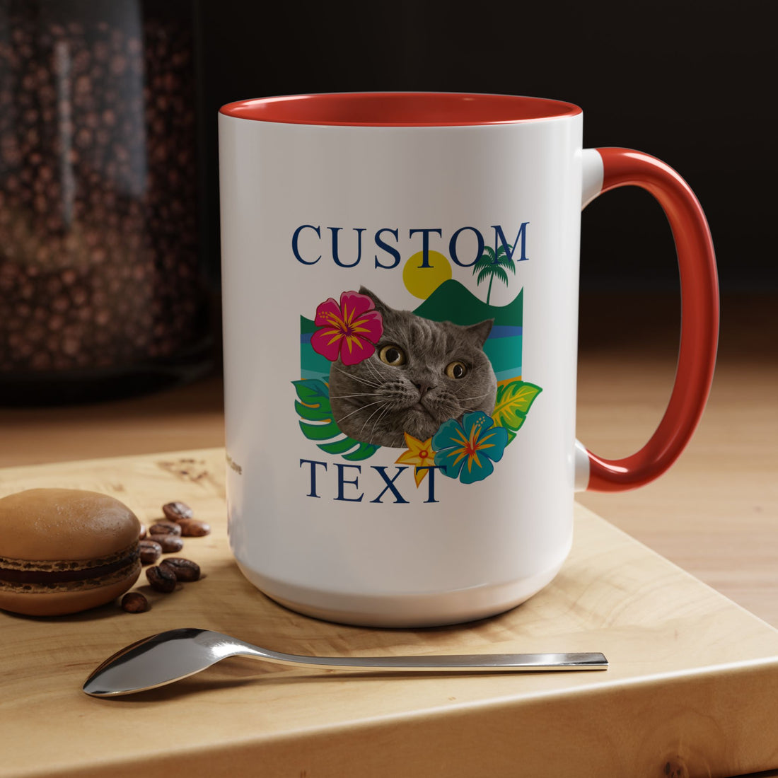 Tropical Summer Cat Mug | Personalized Pet Photo Coffee Cup With Custom Text