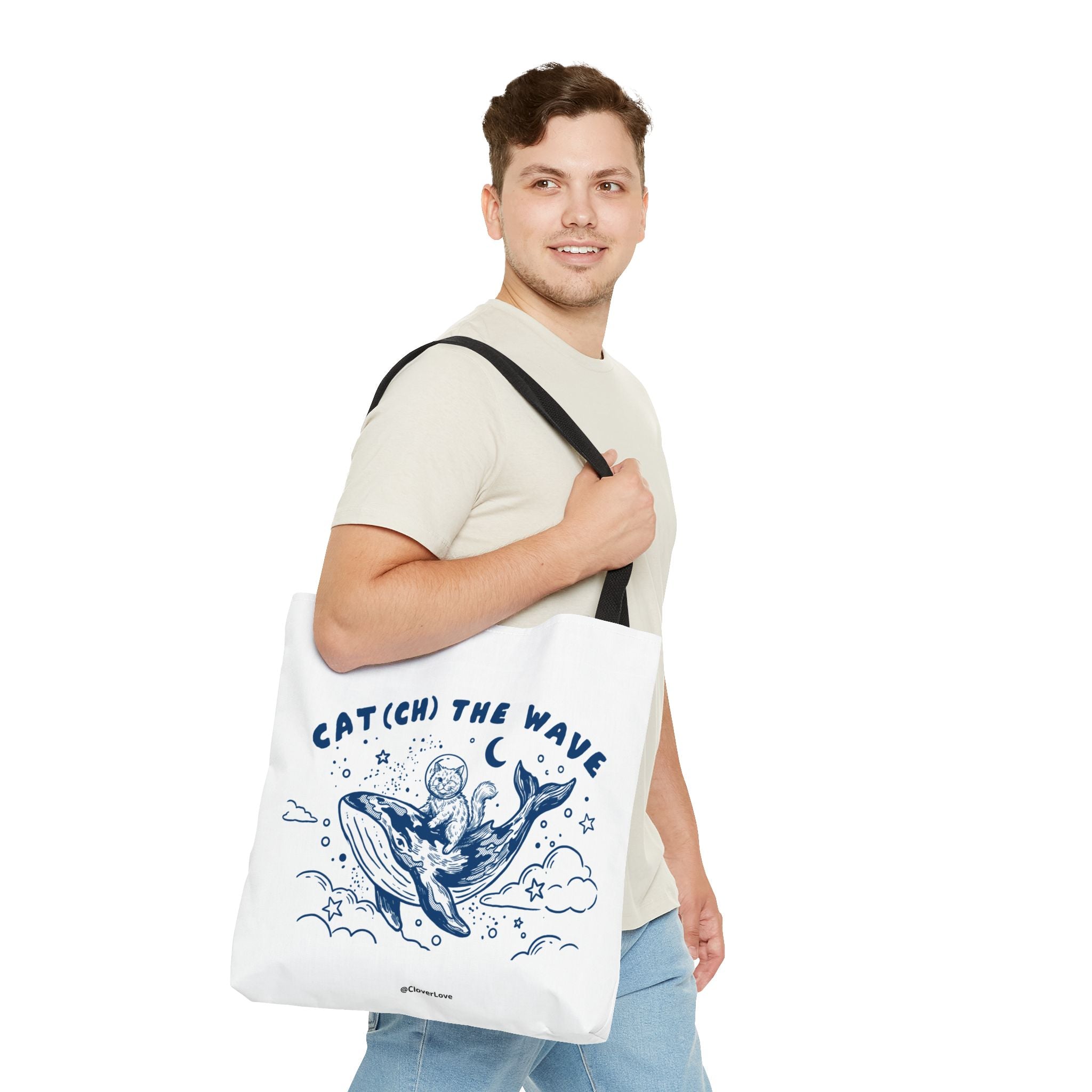 Cat Whale Adventure Tote Bag | Vintage Ocean Graphic Canvas Bag
