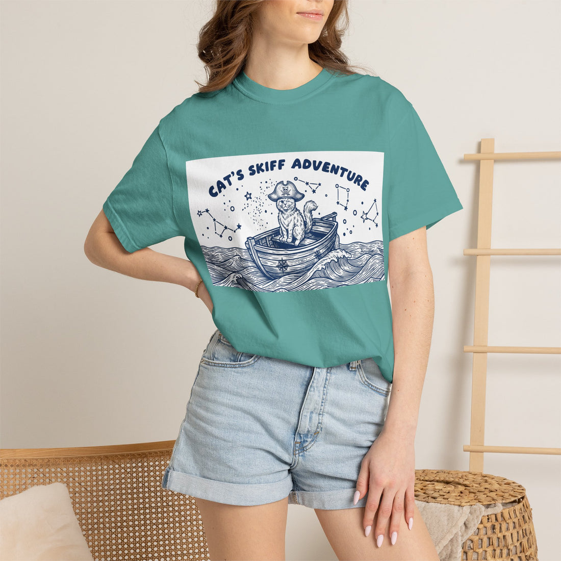 Cat’s Skiff Adventure T-Shirt - Vintage Ocean Boat Graphic Tee for Cat Lovers