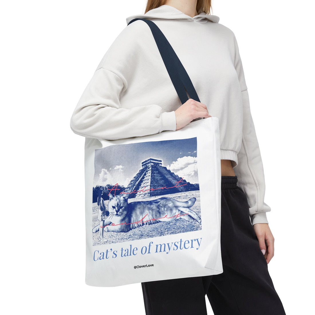 Cat’s Tale of Mystery Travel Tote Bag | Vintage Mexico Pyramid Cat Canvas Tote Bag
