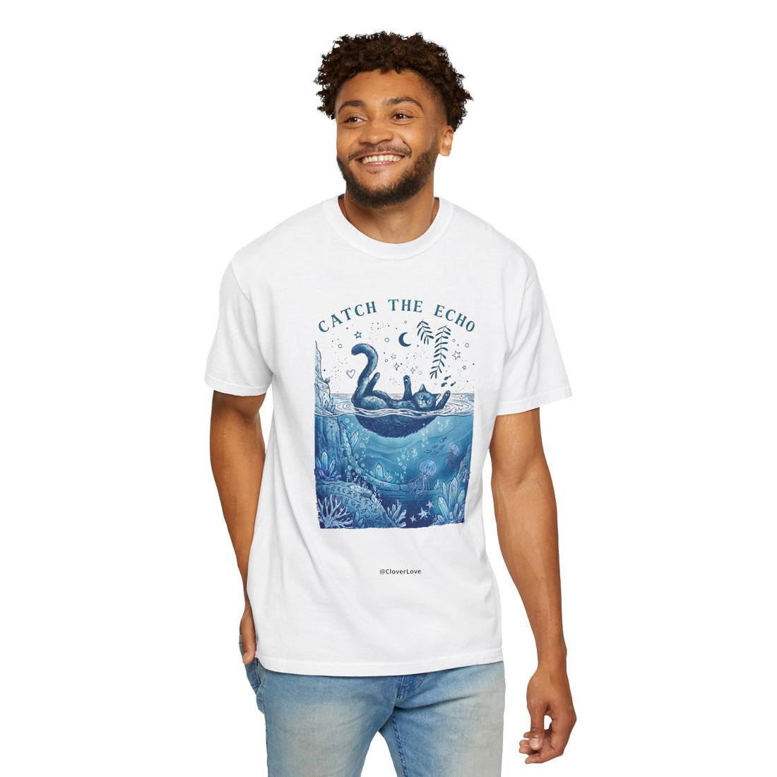 Cat in Ocean Fantasy T-Shirt - Vintage Blue Animal Shirt for Cat Lovers