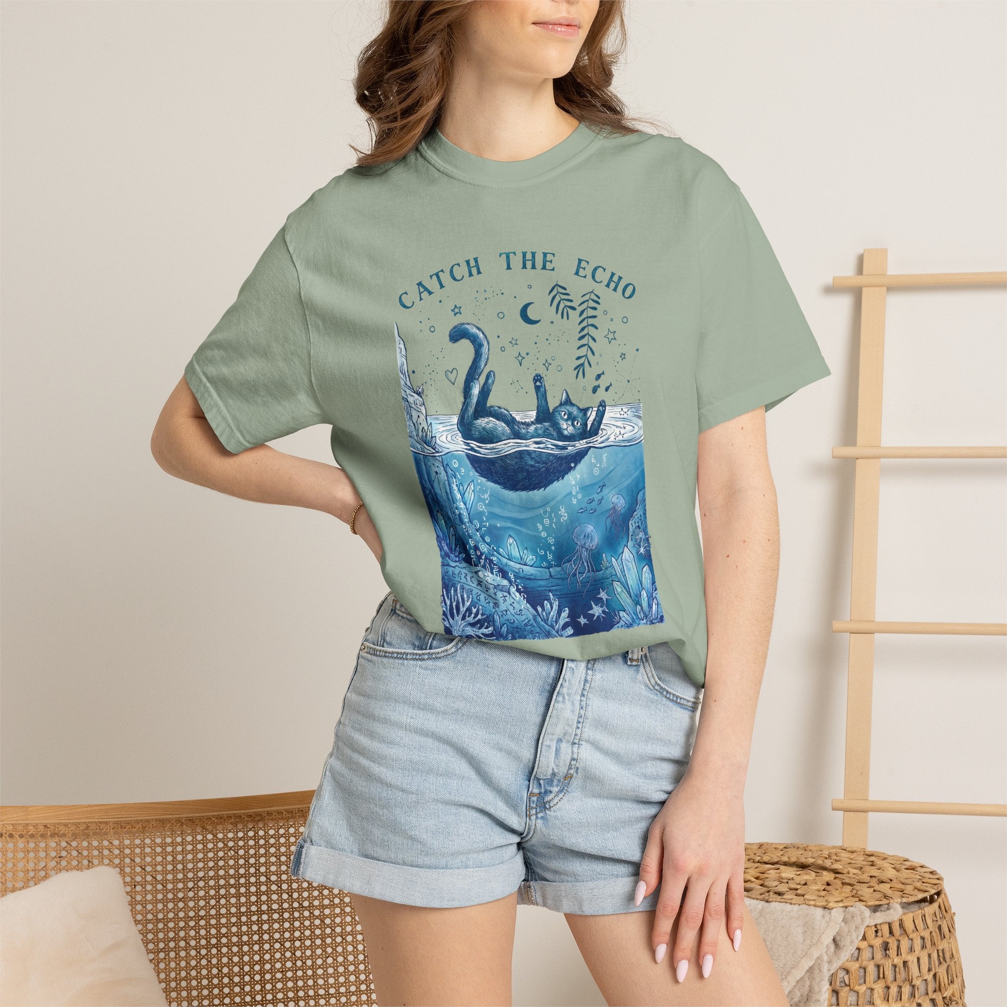 Cat in Ocean Fantasy T-Shirt - Vintage Blue Animal Shirt for Cat Lovers