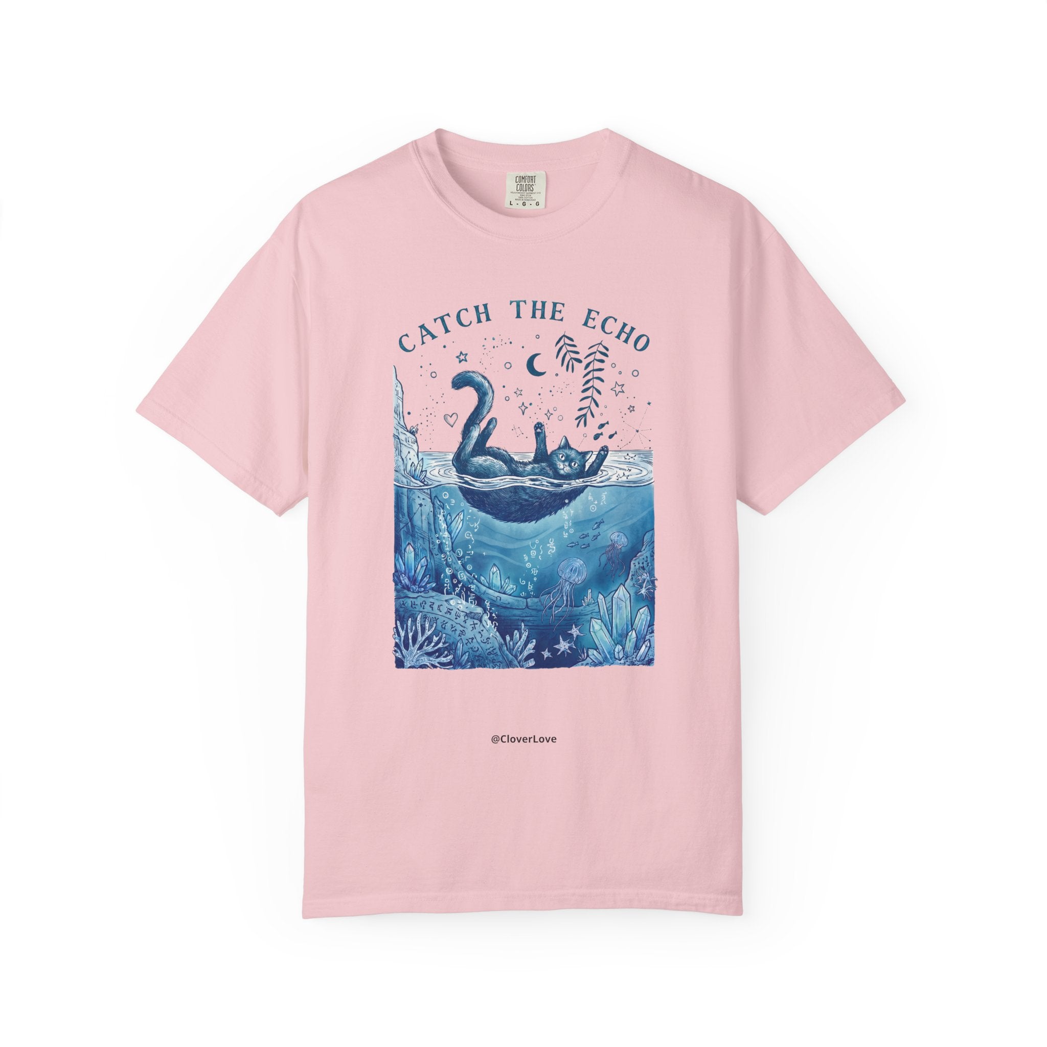 Cat in Ocean Fantasy T-Shirt - Vintage Blue Animal Shirt for Cat Lovers