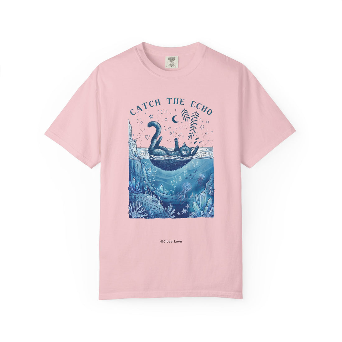 Cat in Ocean Fantasy T-Shirt - Vintage Blue Animal Shirt for Cat Lovers