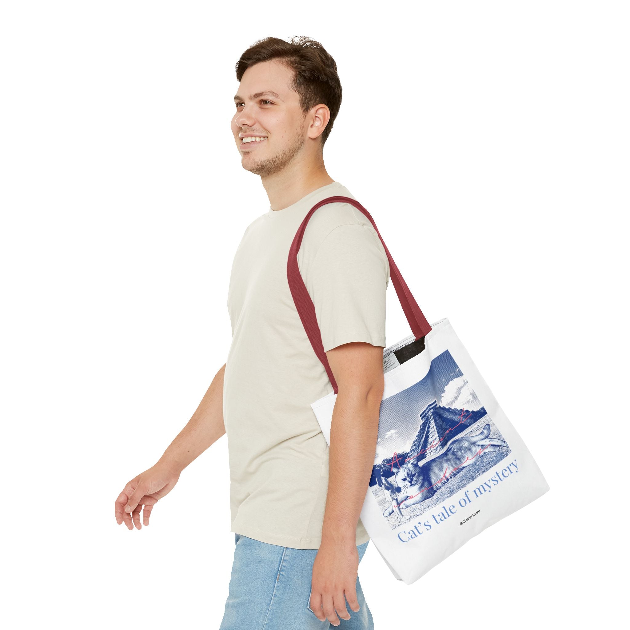 Cat’s Tale of Mystery Travel Tote Bag | Vintage Mexico Pyramid Cat Canvas Tote Bag