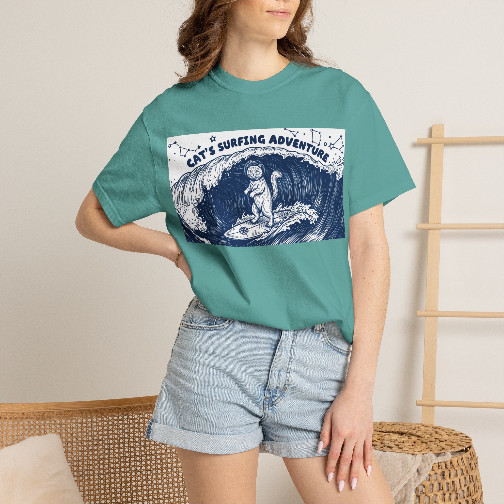 Cat’s Ocean Adventure T-Shirt - Vintage Ocean Wave Graphic Tee for Cat Lovers