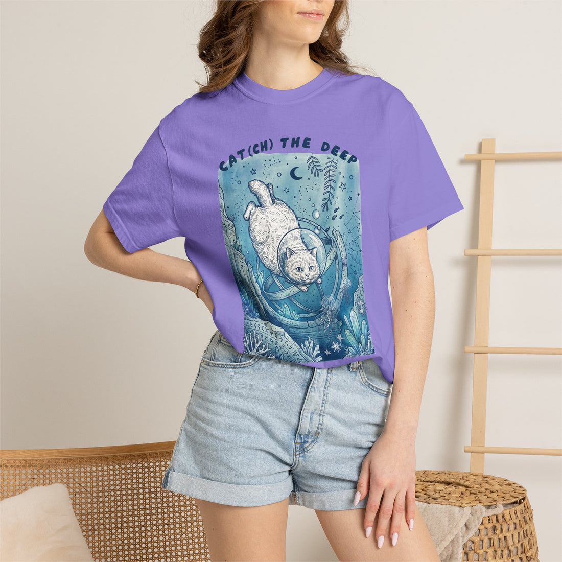Cat Diver T-Shirt - Deep Sea Cat Explorer Graphic Tee, Ocean Fantasy Shirt for Cat Lovers