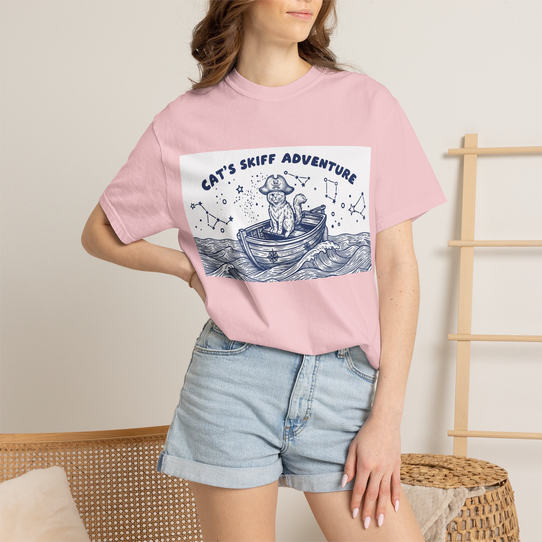 Cat’s Skiff Adventure T-Shirt - Vintage Ocean Boat Graphic Tee for Cat Lovers