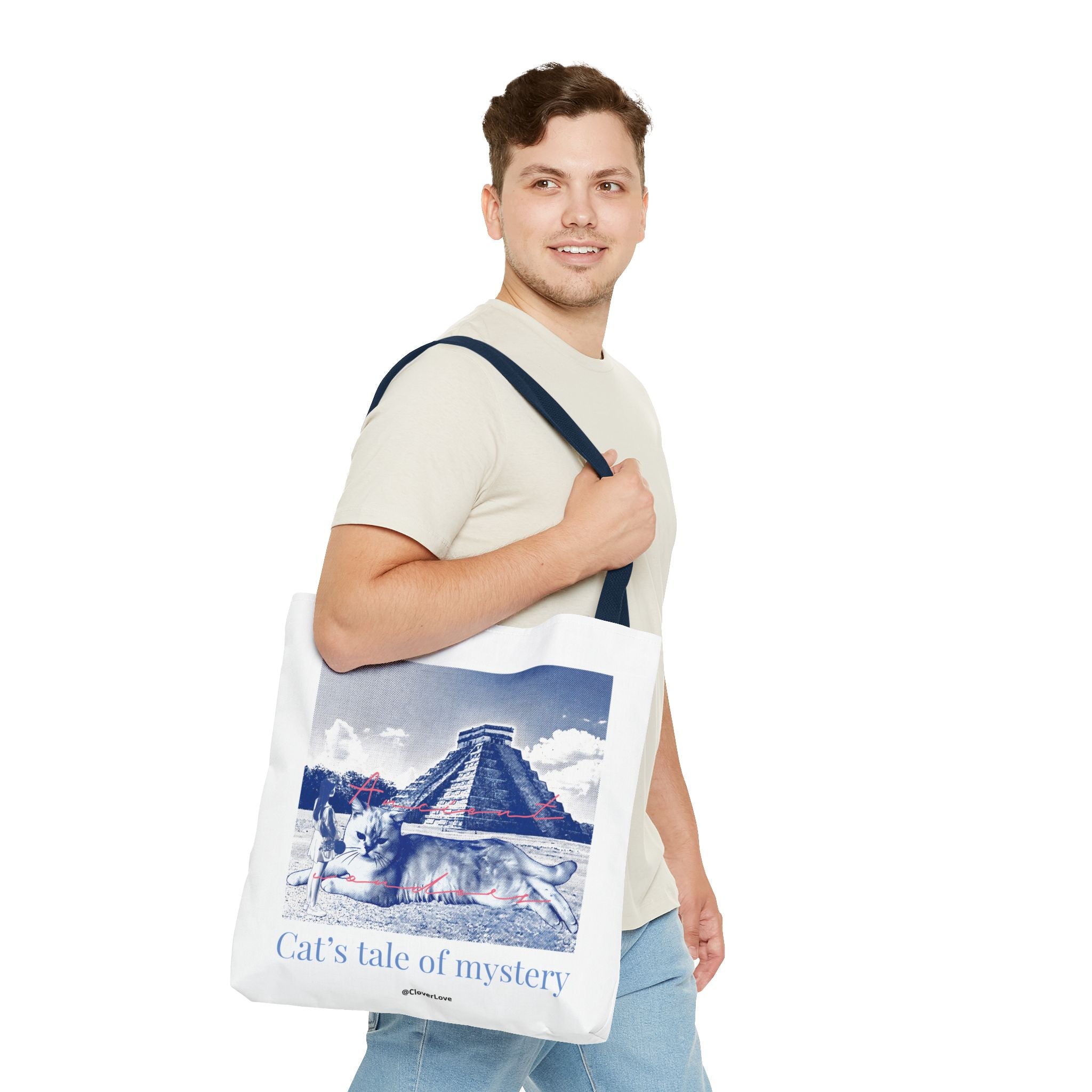 Cat’s Tale of Mystery Travel Tote Bag | Vintage Mexico Pyramid Cat Canvas Tote Bag