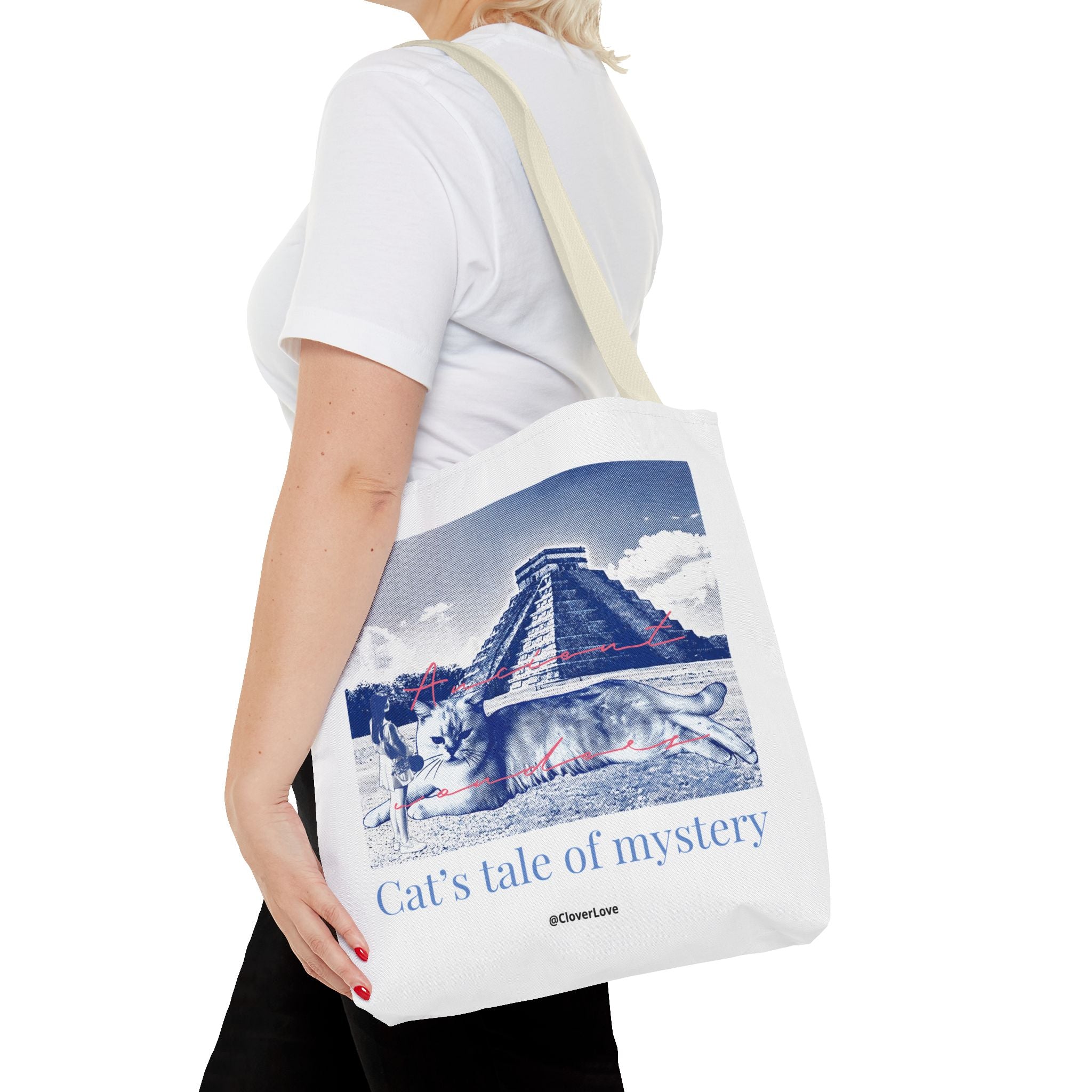 Cat’s Tale of Mystery Travel Tote Bag | Vintage Mexico Pyramid Cat Canvas Tote Bag