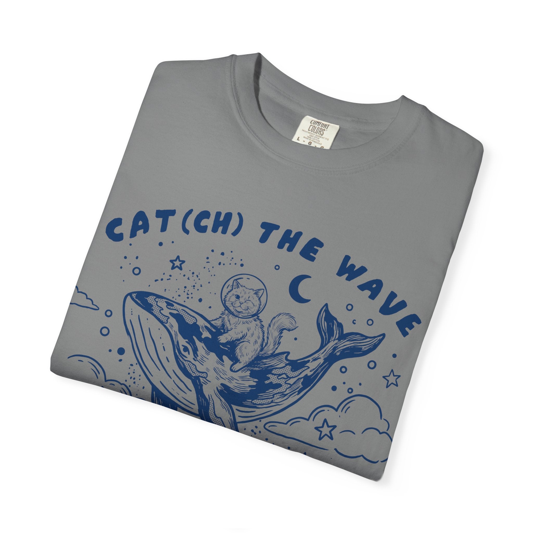 Cat Riding Whale T-Shirt - Cute Ocean Cat Graphic Tee, Fantasy Wave Shirt for Cat Lovers